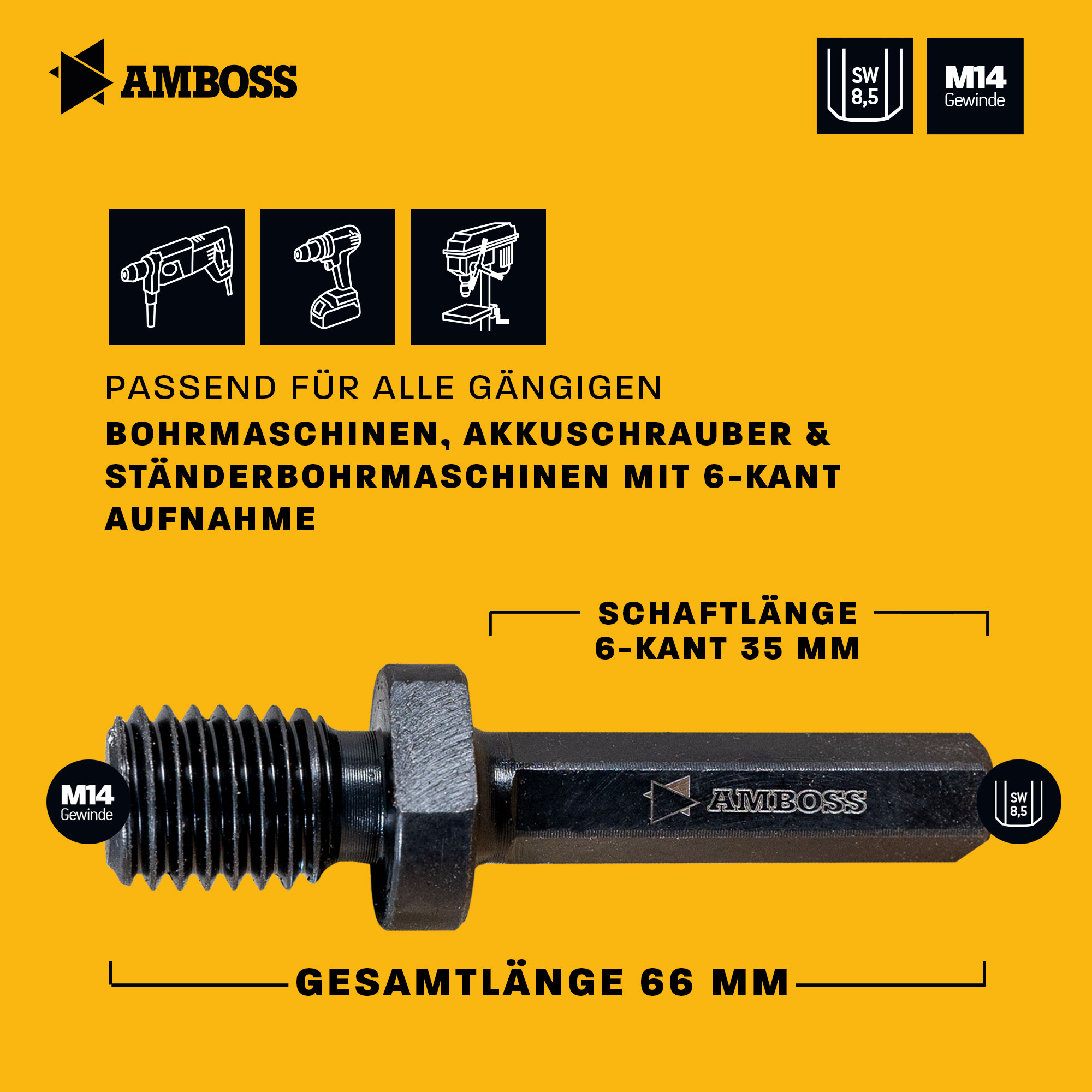 Amboss Werkzeuge Adapter 6kant auf M14 Gewinde / Winkelschleifer Bohrkronen, Stützteller, Drahtbürsten mit Bohrmaschine einsetzen / Diamant Fliesenbohrer auf Sechskant
