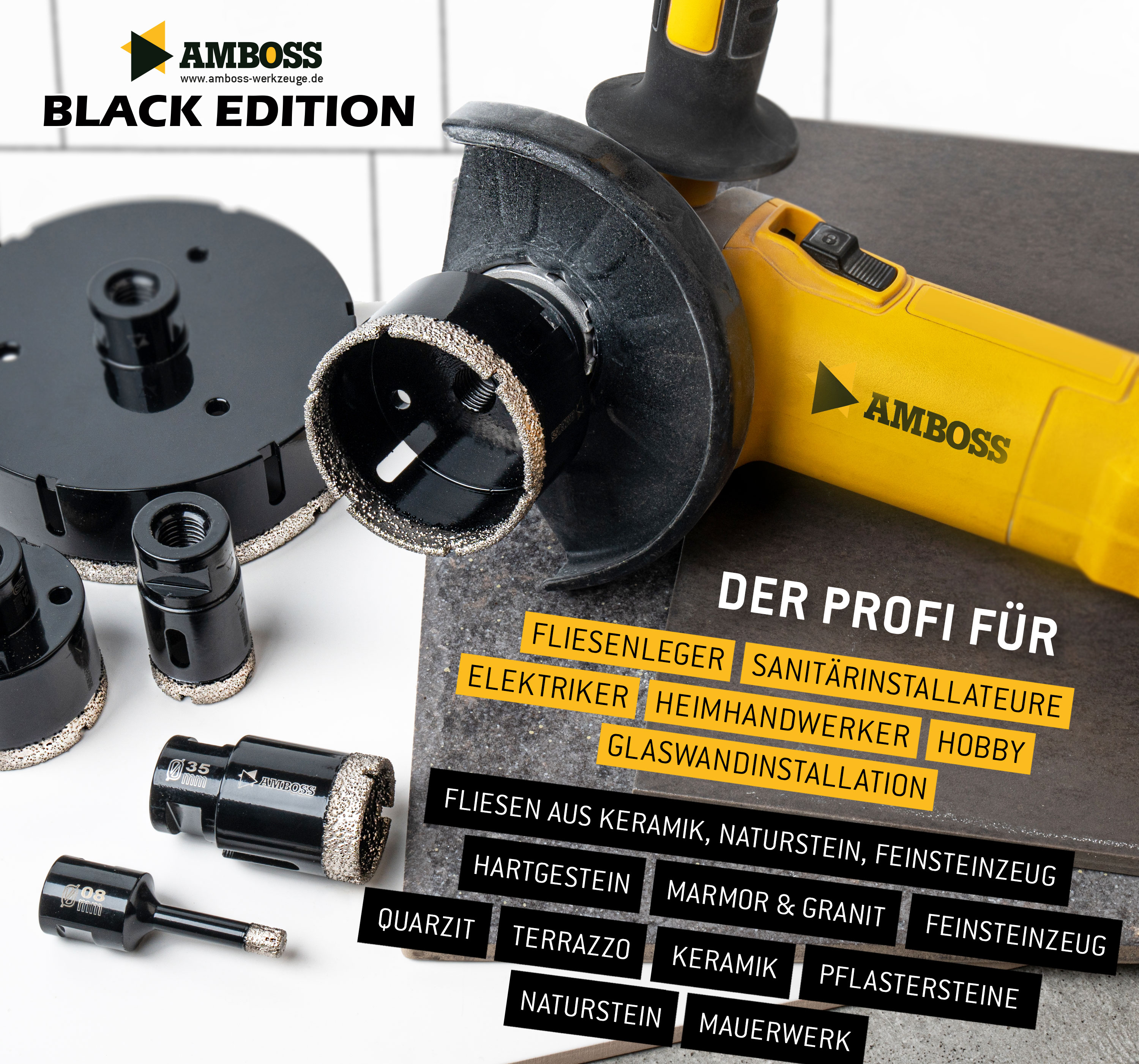 Amboss - Diamant Fliesenbohrer-/Bohrkronen - Set 7 tlg. (Ø 8-14 mm) Premium Black Edition | M14 für Winkelschleifer | Fliesen, Granit, Feinsteinzeug Amboss - Diamant Fliesenbohrer-/Bohrkronen - Set 7 tlg. (Ø 8-14 mm) Premium Black Edition | M14 für Winkelschleifer | Fliesen, Granit, Feinsteinzeug