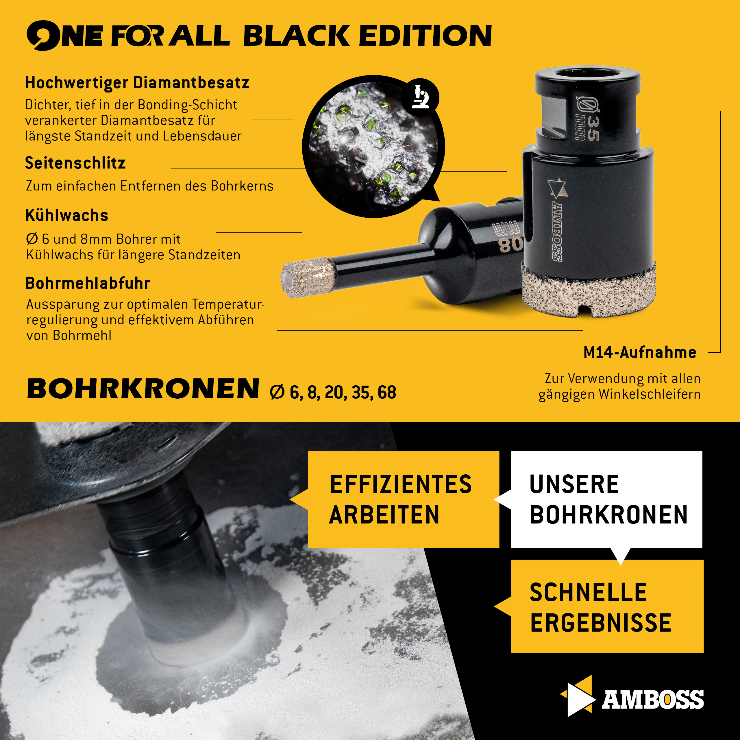 Amboss - Set Diamant-Lochsägen + Trennscheiben + Schleiftopf / One For All Set 9 / Ø 6 - 125 mm / perfekt für Sanierungen im Küchen- und Sanitärbereich / geeignet für Winkelschleifer