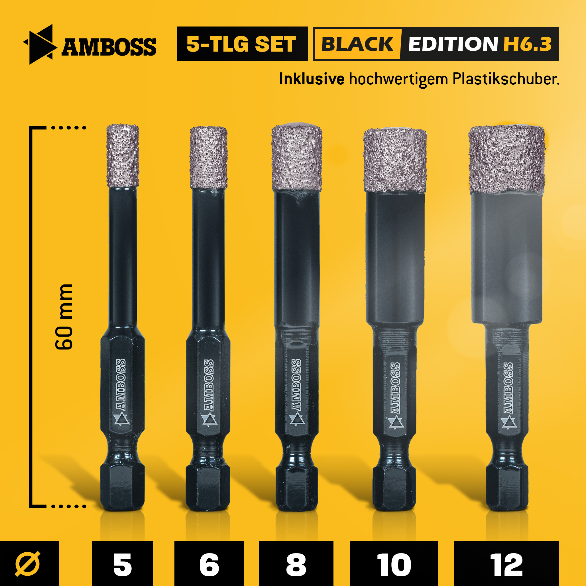 Fliesenbohrer Set Ø 5, 6, 8, 10, 12 mm (5 tlg.) /Sechskant Aufnahme - Amboss Black Edition Diamantbohrer - Fliesen, Feinsteinzeug, Keramik, Granitplatten - für Bohrmaschine/Akkubohrer Fliesenbohrer Set Ø 5, 6, 8, 10, 12 mm (5 tlg.) /Sechskant Aufnahme - Amboss Black Edition Diamantbohrer - Fliesen, Feinsteinzeug, Keramik, Granitplatten - für Bohrmaschine/Akkubohrer