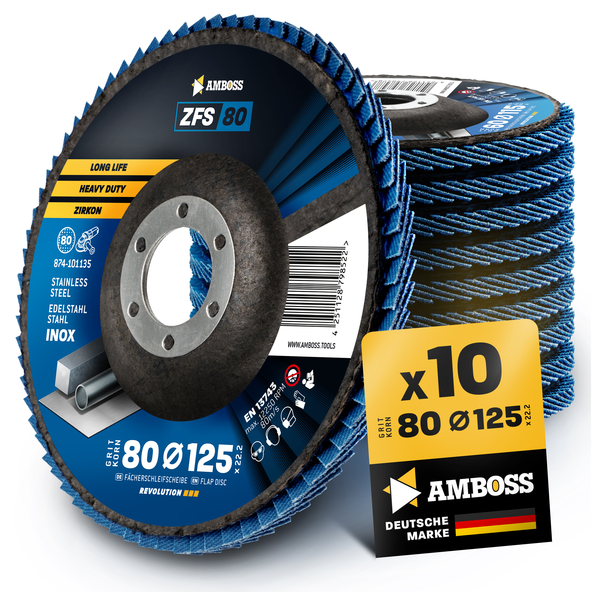 10x Amboss ZFS Fächerschleifscheibe Korn:80 Ø125mm 10x Amboss ZFS Fächerschleifscheibe Korn:80 Ø125mm