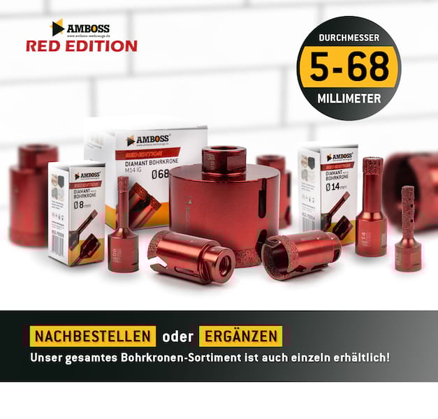 Amboss Red Edition 14 Diamant Bohrkronen Set Ø 5-68 mm / Vollfräser 8/10/20 mm Amboss Red Edition 14 Diamant Bohrkronen Set Ø 5-68 mm / Vollfräser 8/10/20 mm