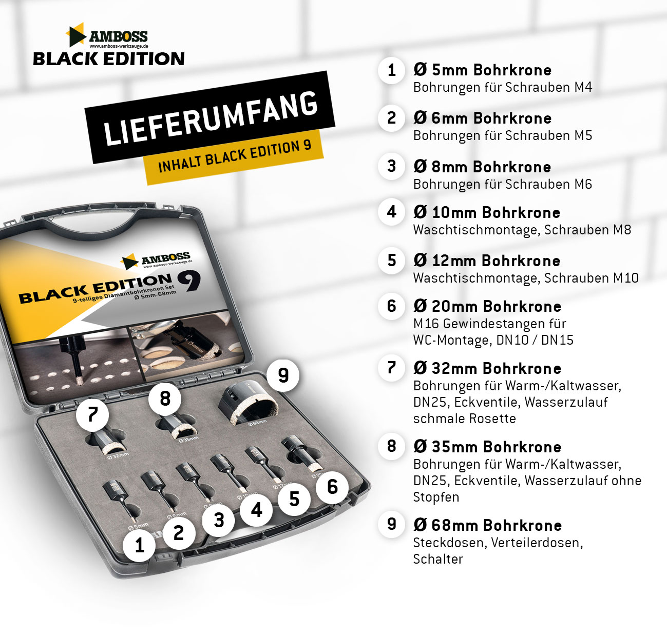 Amboss Diamant Bohrkronen M14 - BLACK EDITION Set 5 / 6 / 8 / 10 / 12 / 20 / 32 / 35 / 68 mm für Winkelschleifer | Feinsteinzeug, harte Fliesen, Granit Amboss Diamant Bohrkronen M14 - BLACK EDITION Set 5 / 6 / 8 / 10 / 12 / 20 / 32 / 35 / 68 mm für Winkelschleifer | Feinsteinzeug, harte Fliesen, Granit