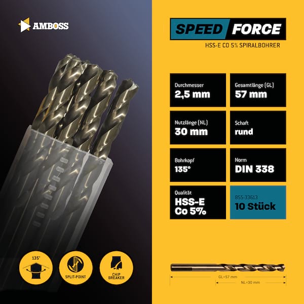 10 x HSS ECo SPEED Force Metallbohrer DIN 338 - Ø:2.5 mm 10 x HSS ECo SPEED Force Metallbohrer DIN 338 - Ø:2.5 mm