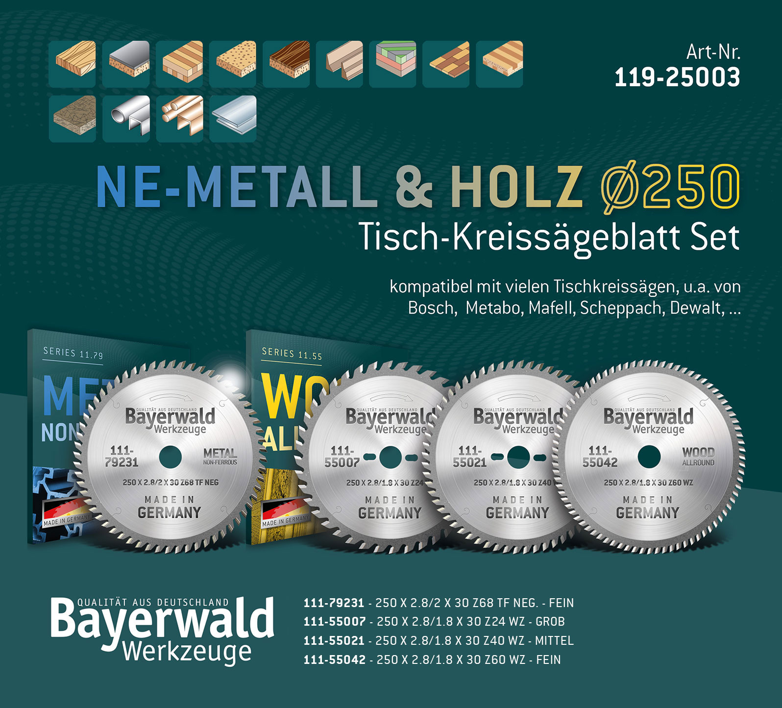 NE-METALL & HOLZ Ø250 Tisch-Kreissägeblatt Set NE-METALL & HOLZ Ø250 Tisch-Kreissägeblatt Set