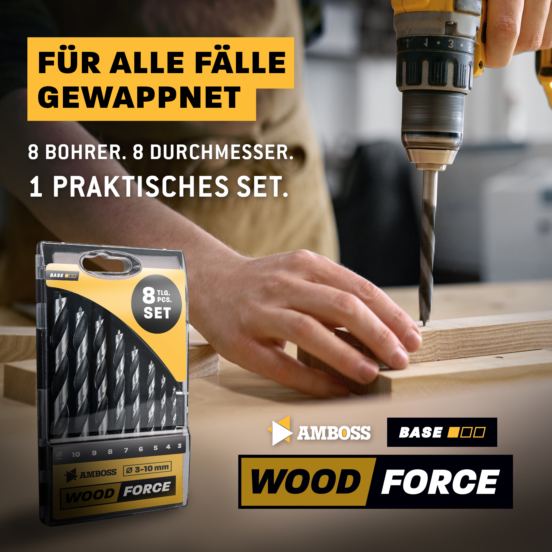 Holzbohrer Set 8-teilig Ø 3mm / 4mm / 5mm / 6mm / 7mm / 8mm / 9mm / 10mm - AMBOSS Werkzeuge Wood Force - Bohrerset für Holz bohren, Plastik bohren - Rundschaft Holzbohrer-Set