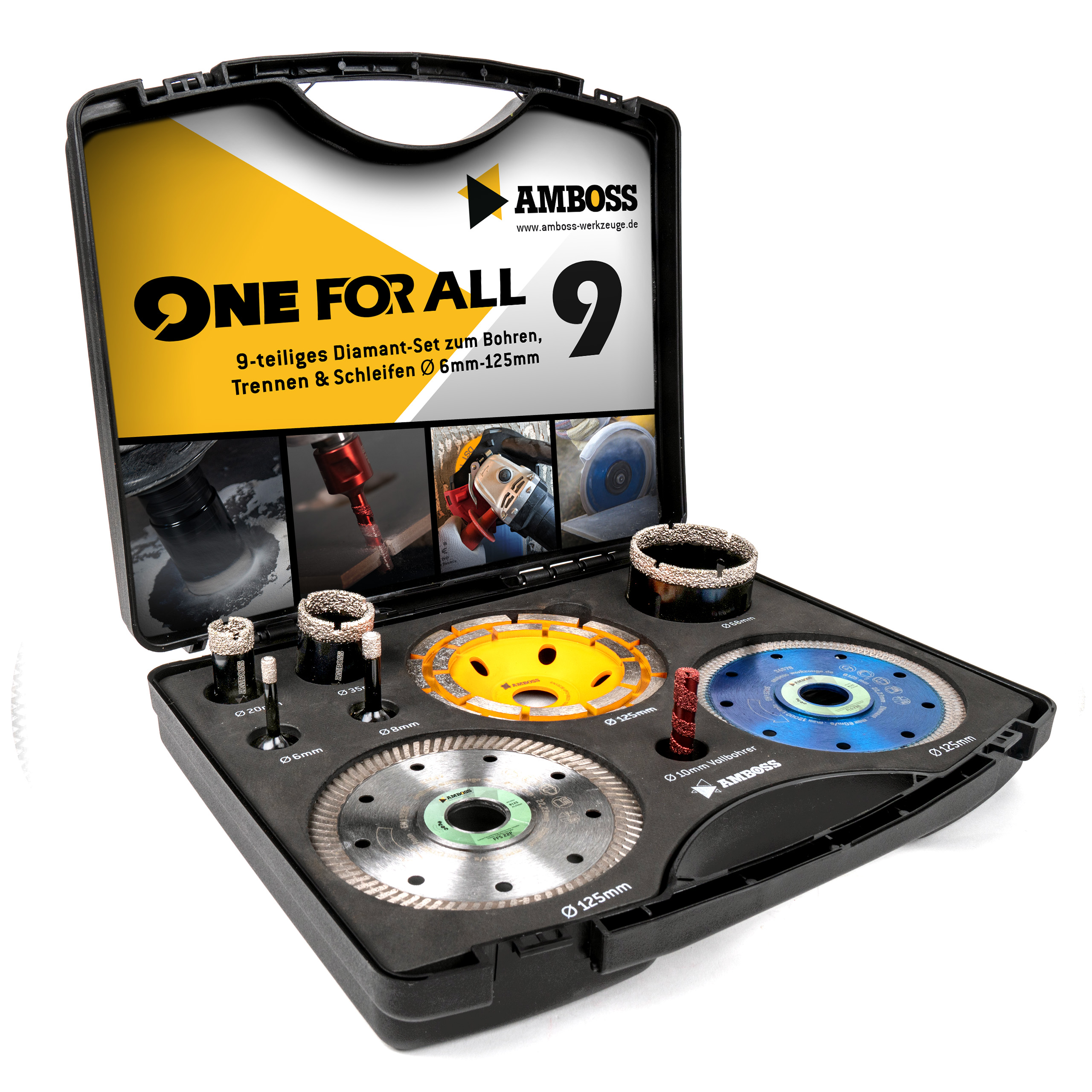 Amboss - Set Diamant-Lochsägen + Trennscheiben + Schleiftopf / One For All Set 9 / Ø 6 - 125 mm / perfekt für Sanierungen im Küchen- und Sanitärbereich / geeignet für Winkelschleifer Amboss - Set Diamant-Lochsägen + Trennscheiben + Schleiftopf / One For All Set 9 / Ø 6 - 125 mm / perfekt für Sanierungen im Küchen- und Sanitärbereich / geeignet für Winkelschleifer