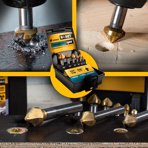 Kegelsenker Set 6tlg. 6,3 - 20,5 mm HSS TiN / DIN 335C / Amboss Werkzeuge Senker für Eisen, Stahl, Metall, NE-Metall, Holz, Kunststoff / Profi Senkkopfbohrer für Bohrmaschinen und Akkuschrauber