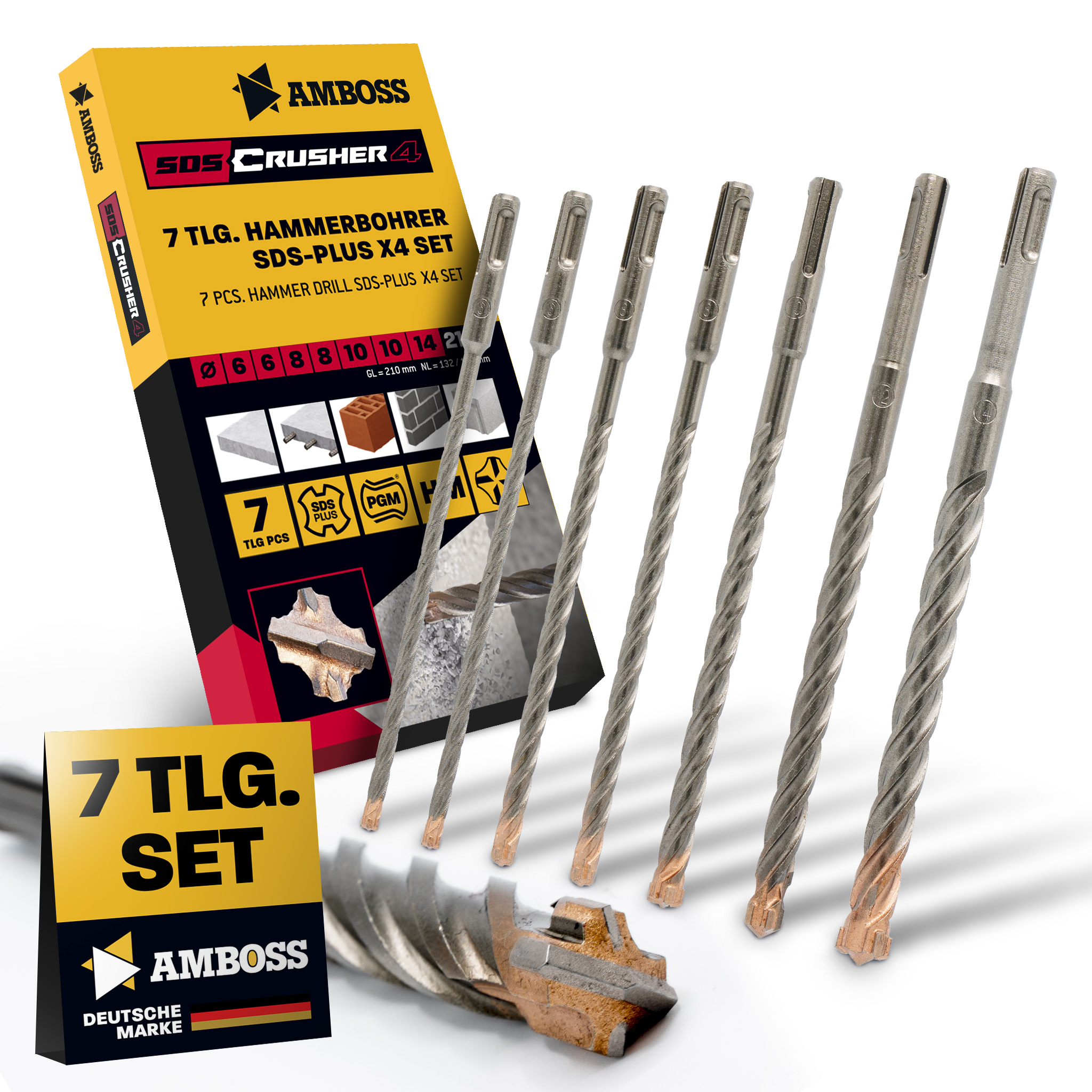 SDS Plus Hammerbohrer Set 7tlg. 4X Schneiden PGM Ø 6-14mm x 210mm - AMBOSS Werkzeuge SDS Crusher 4 - HM Betonbohrer Hartmetall Profi Bohrer  - Stahlbeton Steinbohrer Beton Mauerwerk Ziegel Kalksandstein SDS Plus Hammerbohrer Set 7tlg. 4X Schneiden PGM Ø 6-14mm x 210mm - AMBOSS Werkzeuge SDS Crusher 4 - HM Betonbohrer Hartmetall Profi Bohrer  - Stahlbeton Steinbohrer Beton Mauerwerk Ziegel Kalksandstein
