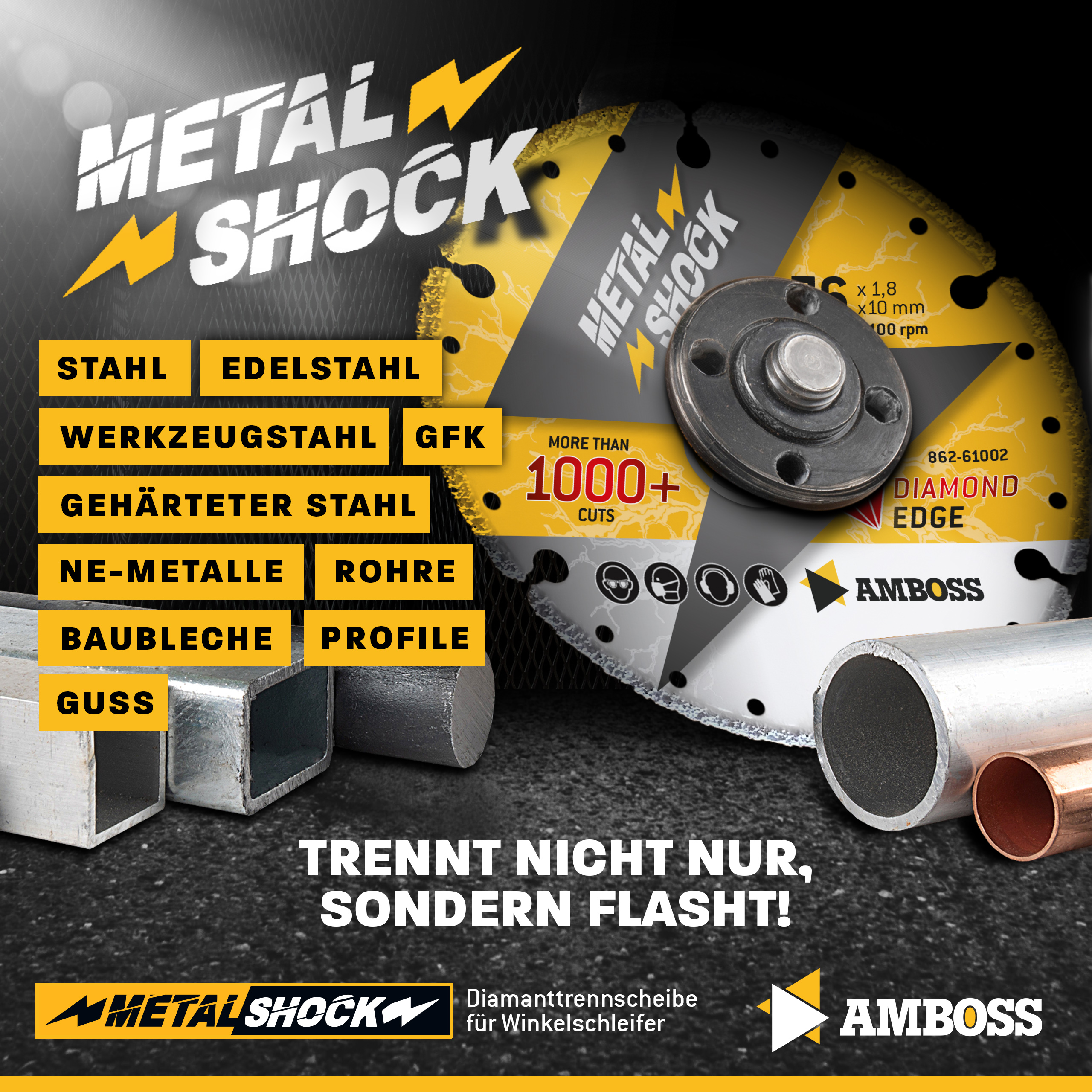 AMBOSS METAL SHOCK - Diamant Trennscheibe 76 x 1,8 x 10 mm - geeignet für Metall/Stahl/Inox - passend für Mini Winkelschleifer wie Bosch GWS 12V-76 / Metabo Powermaxx CC 12 / Milwaukee M12FCOT-0 uvm. AMBOSS METAL SHOCK - Diamant Trennscheibe 76 x 1,8 x 10 mm - geeignet für Metall/Stahl/Inox - passend für Mini Winkelschleifer wie Bosch GWS 12V-76 / Metabo Powermaxx CC 12 / Milwaukee M12FCOT-0 uvm.