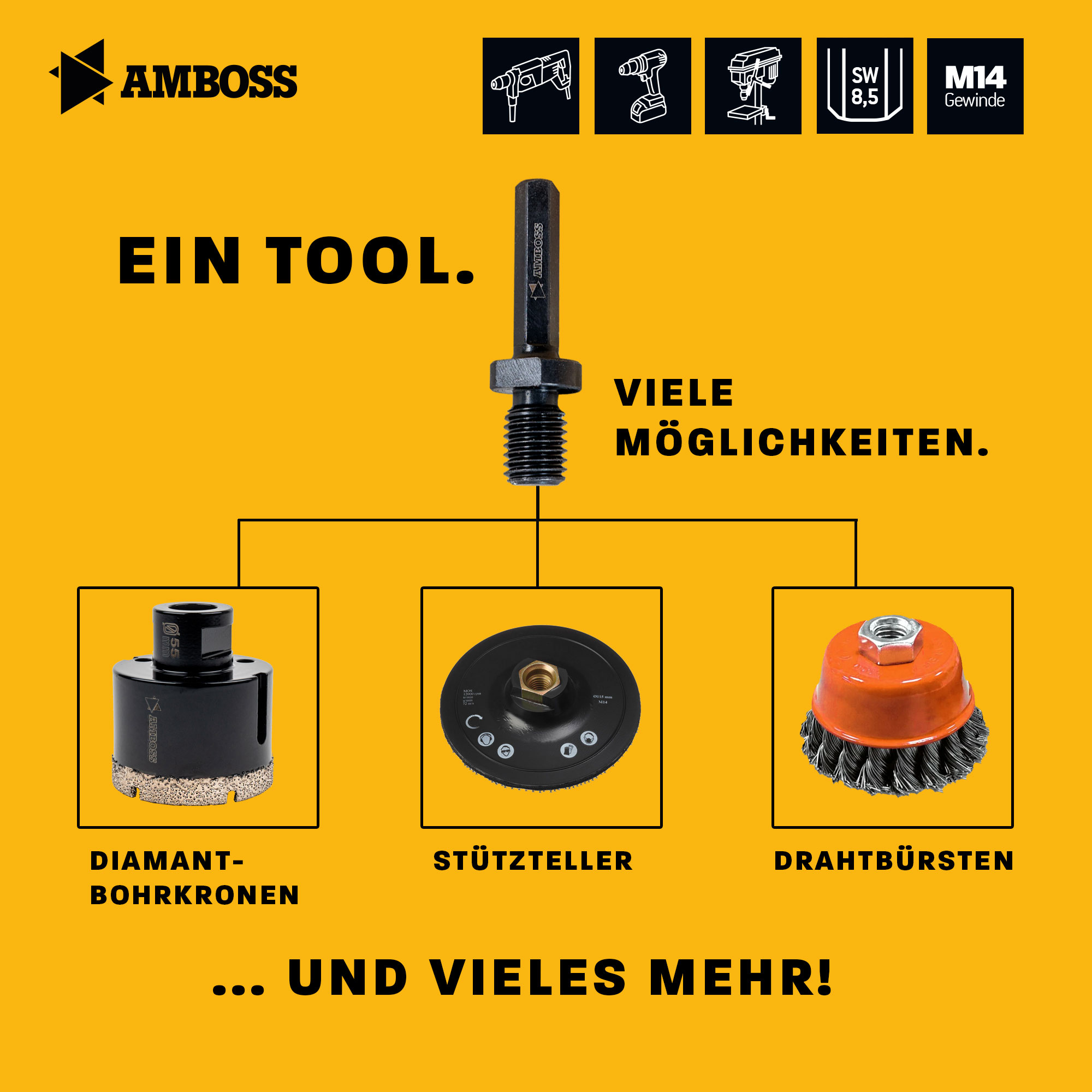 Amboss Werkzeuge Adapter 6kant auf M14 Gewinde / Winkelschleifer Bohrkronen, Stützteller, Drahtbürsten mit Bohrmaschine einsetzen / Diamant Fliesenbohrer auf Sechskant