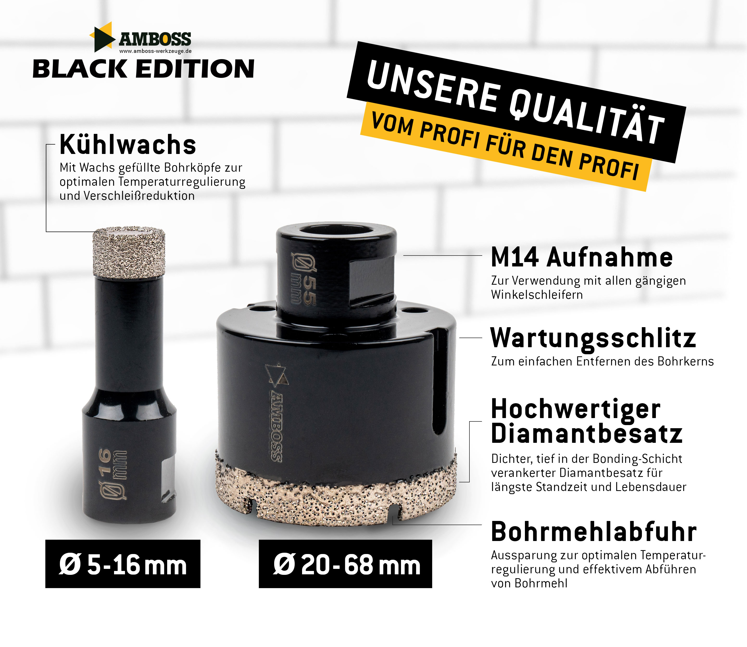 Amboss - Diamant Fliesenbohrer-/Bohrkronen - Set 7 tlg. (Ø 8-14 mm) Premium Black Edition | M14 für Winkelschleifer | Fliesen, Granit, Feinsteinzeug Amboss - Diamant Fliesenbohrer-/Bohrkronen - Set 7 tlg. (Ø 8-14 mm) Premium Black Edition | M14 für Winkelschleifer | Fliesen, Granit, Feinsteinzeug