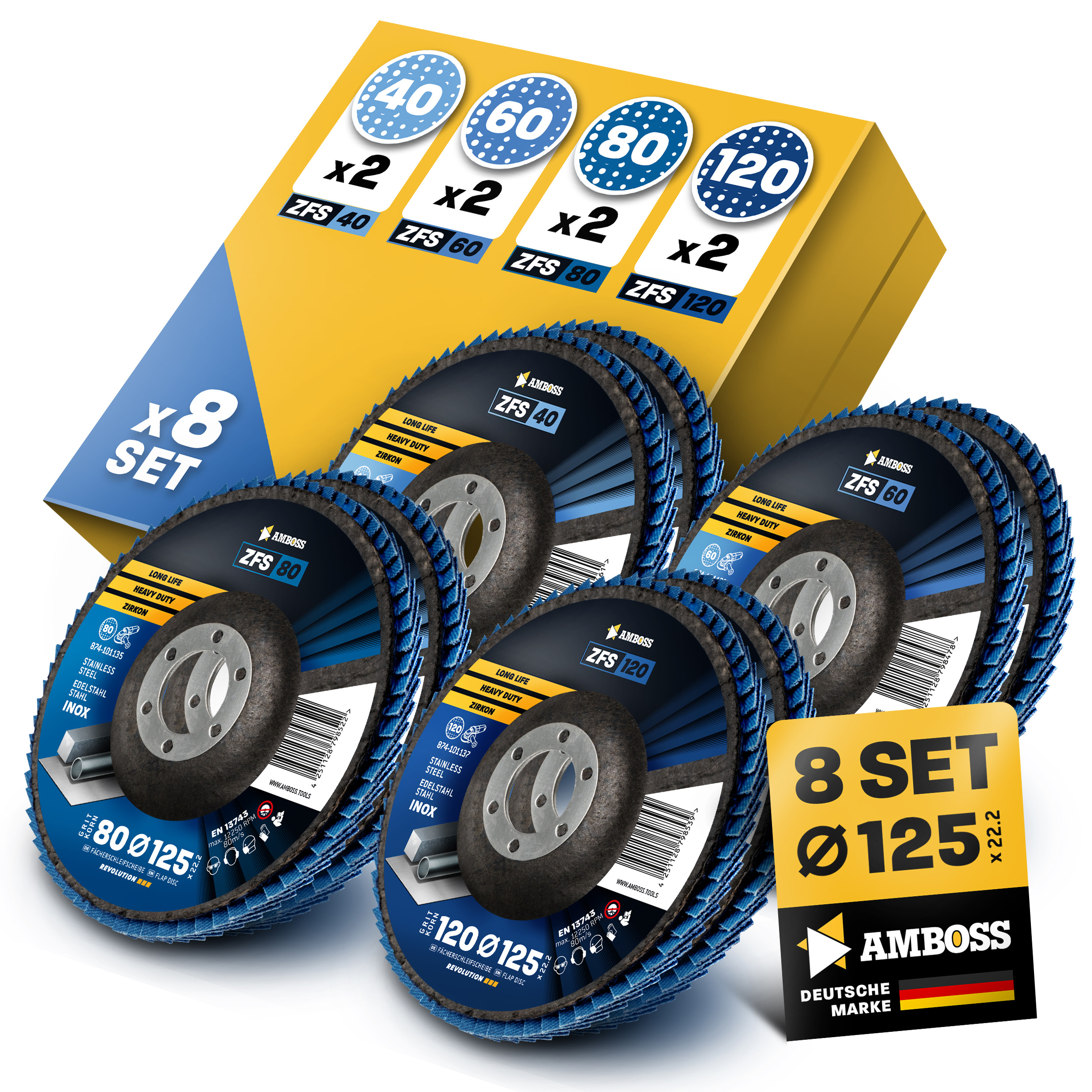 Amboss Fächerschleifscheibe Set Ø 125 (8 Stck.) Korn 40-120 Amboss Fächerschleifscheibe Set Ø 125 (8 Stck.) Korn 40-120