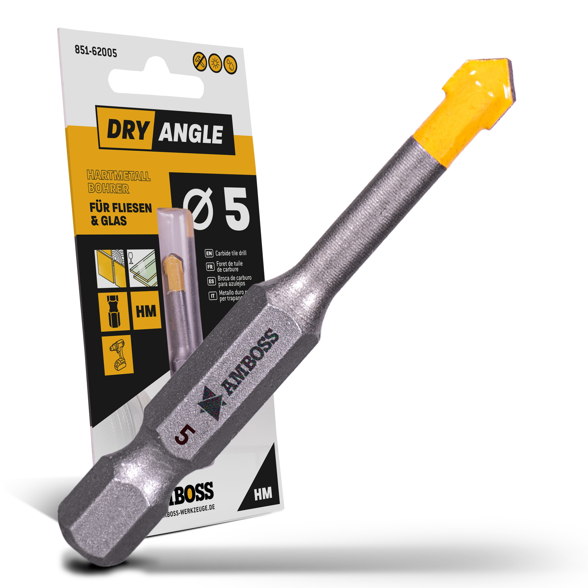 Amboss Dry Angle HM Fliesen- und Glasbohrer - Ø 5 mm - GL: 51 mm Amboss Dry Angle HM Fliesen- und Glasbohrer - Ø 5 mm - GL: 51 mm