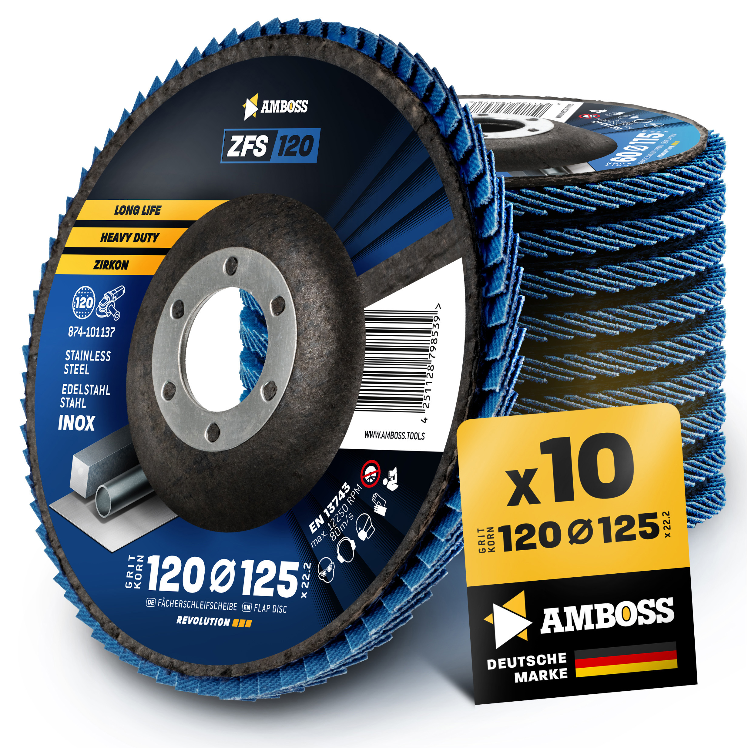 10x Amboss ZFS Fächerschleifscheibe Korn:120 Ø125mm 10x Amboss ZFS Fächerschleifscheibe Korn:120 Ø125mm