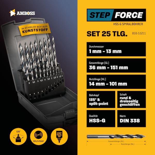 25-tlg. Step Force Set Spiralbohrer HSS-G DIN 338 (Ø 1-13 mm)