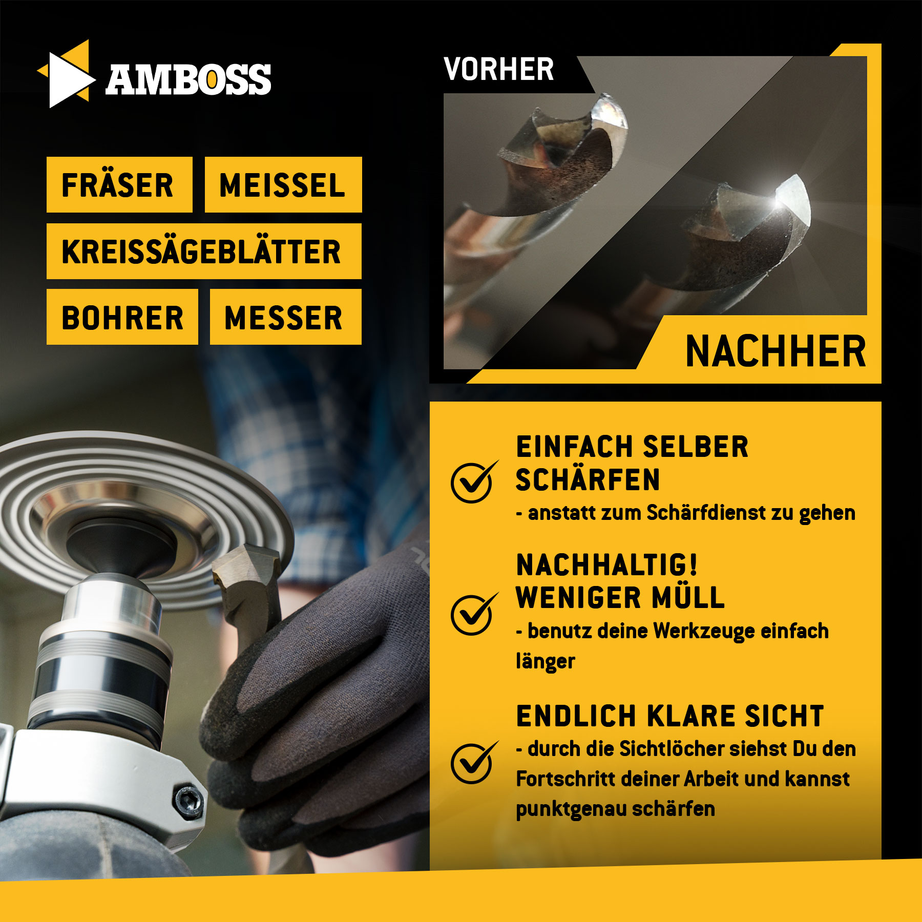 Amboss Diamant-Sichtschleifscheibe Visual Grinder für Winkelschleifer / Schärfen von Messern, Bohrern, Fräsern / Anschleifen von Stein, Gips, Putz, Beton / Ø 110 mm - Bohrung 22,2 mm