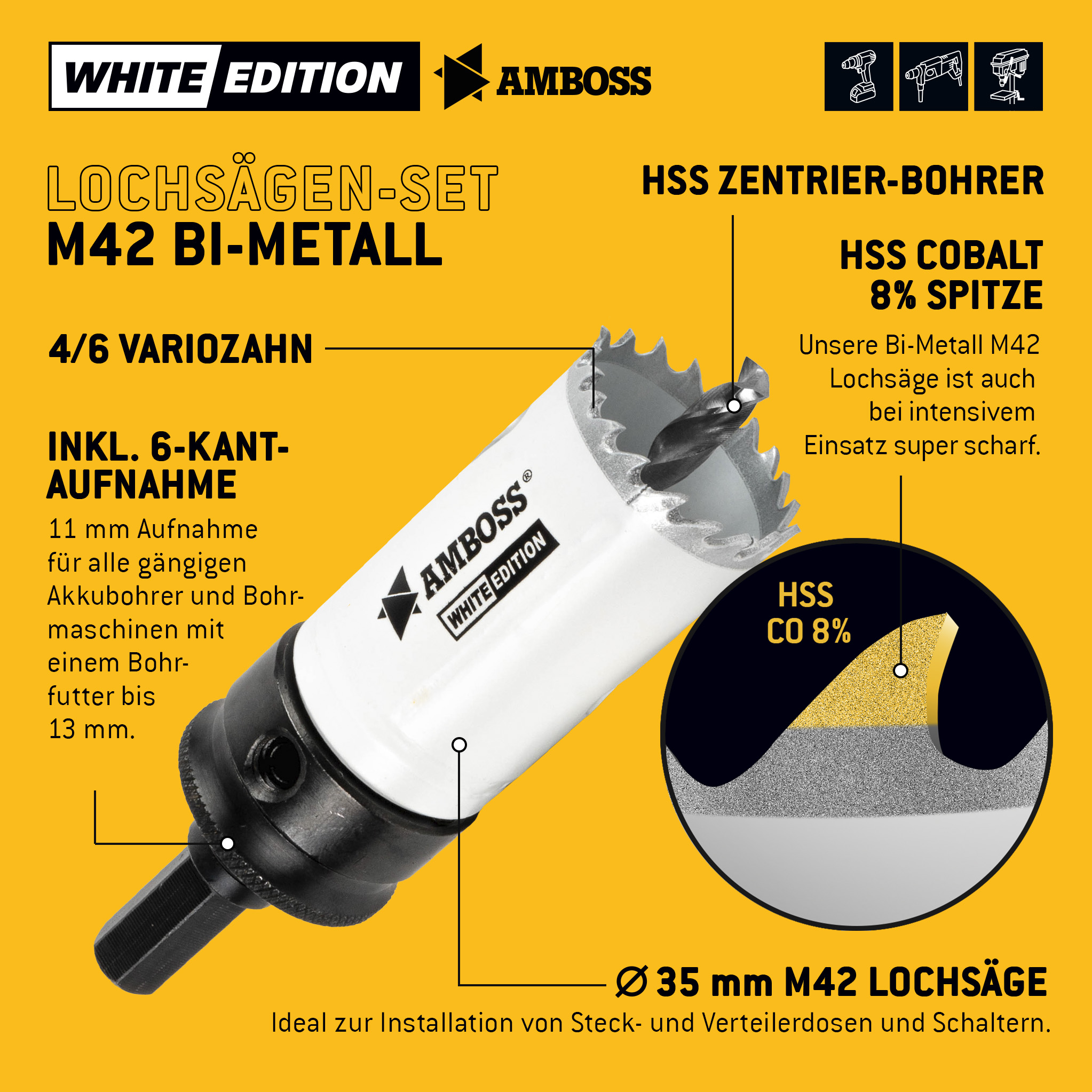 Lochsäge 35 mm - Amboss Bi-Metall (inkl. 6-kant Standard-Aufnahme) ideal für Hohlwanddose, LED-Spot, Steckdose in Gipskarton/Holz Lochsäge 35 mm - Amboss Bi-Metall (inkl. 6-kant Standard-Aufnahme) ideal für Hohlwanddose, LED-Spot, Steckdose in Gipskarton/Holz
