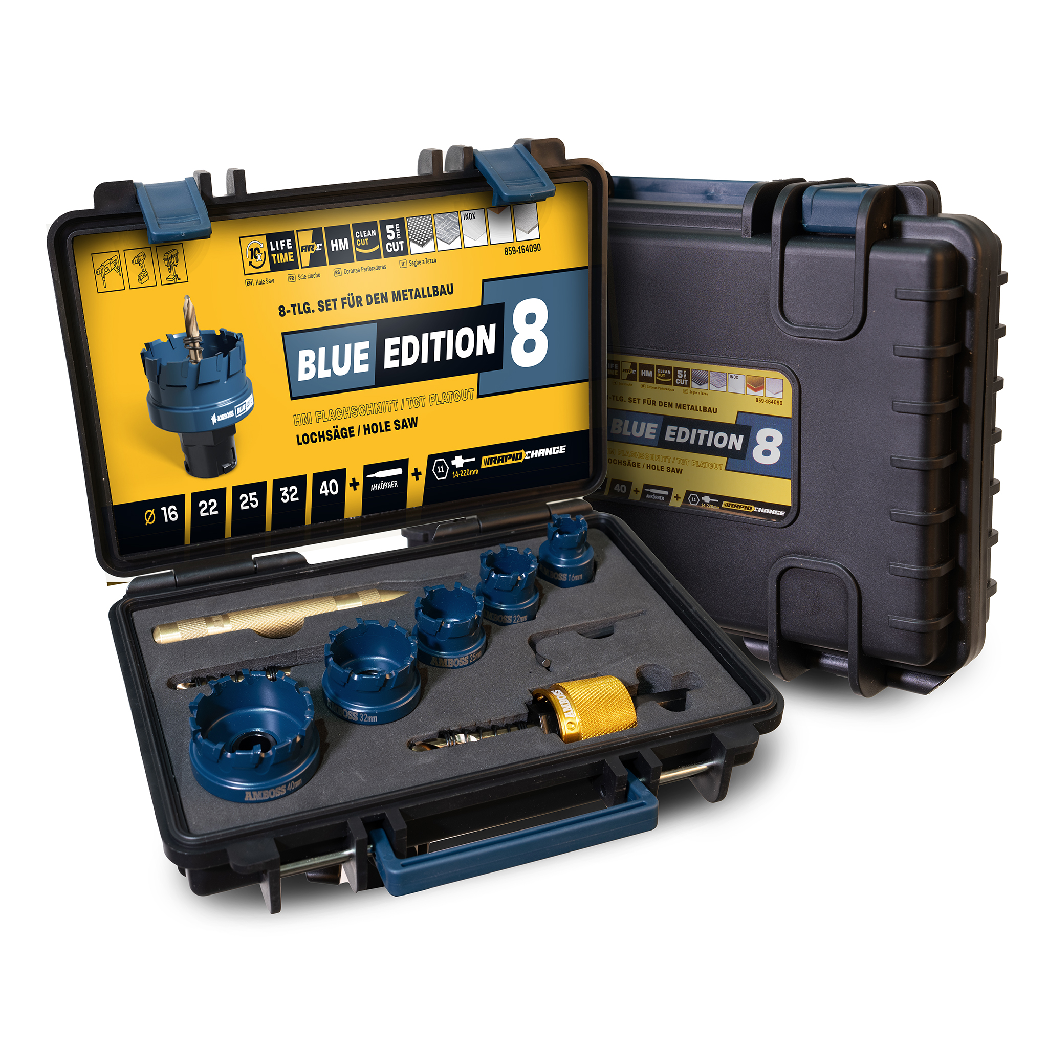 AMBOSS HM Flachschnitt Rapid Change Lochsägen Set 16. 22. 25. 32. 40mm + Schnellwechselaufnahme AMBOSS HM Flachschnitt Rapid Change Lochsägen Set 16. 22. 25. 32. 40mm + Schnellwechselaufnahme
