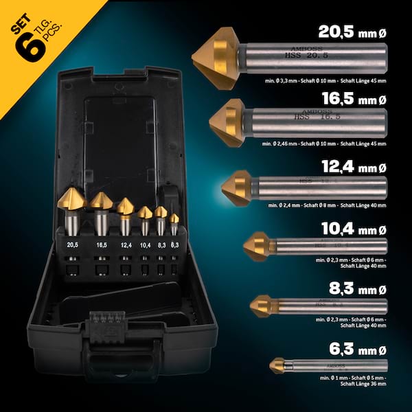 Kegelsenker Set 6tlg. 6,3 - 20,5 mm HSS TiN / DIN 335C / Amboss Werkzeuge Senker für Eisen, Stahl, Metall, NE-Metall, Holz, Kunststoff / Profi Senkkopfbohrer für Bohrmaschinen und Akkuschrauber Kegelsenker Set 6tlg. 6,3 - 20,5 mm HSS TiN / DIN 335C / Amboss Werkzeuge Senker für Eisen, Stahl, Metall, NE-Metall, Holz, Kunststoff / Profi Senkkopfbohrer für Bohrmaschinen und Akkuschrauber