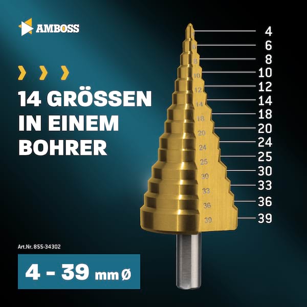 Stufenbohrer Ø 4-39 mm / 14 Stufen Konusbohrer / 10 mm Schaft / Profi Metallbohrer Kegelbohrer HSS / Amboss PowerStep 2 / Lochbohrer geeignet für Metall, Holz, Kunststoff Stufenbohrer Ø 4-39 mm / 14 Stufen Konusbohrer / 10 mm Schaft / Profi Metallbohrer Kegelbohrer HSS / Amboss PowerStep 2 / Lochbohrer geeignet für Metall, Holz, Kunststoff