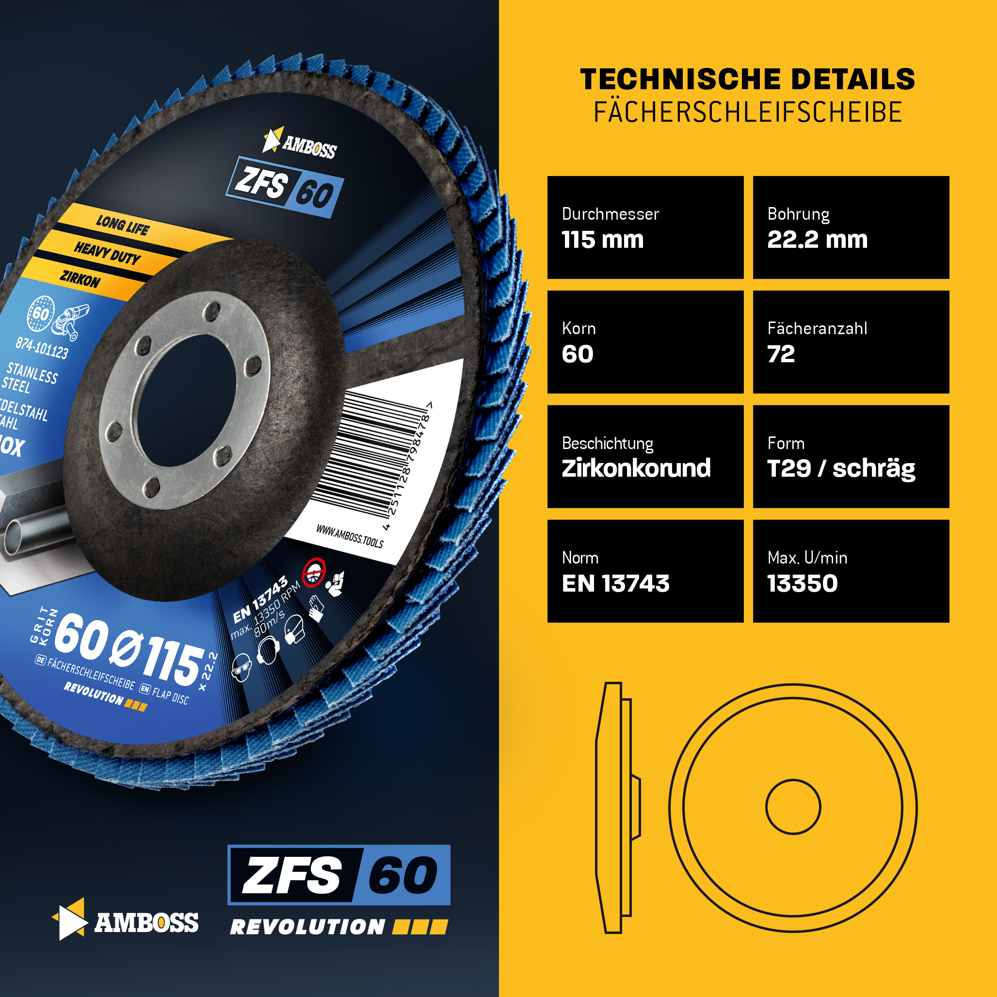 10x Amboss ZFS Fächerschleifscheibe Korn:60 Ø115mm 10x Amboss ZFS Fächerschleifscheibe Korn:60 Ø115mm