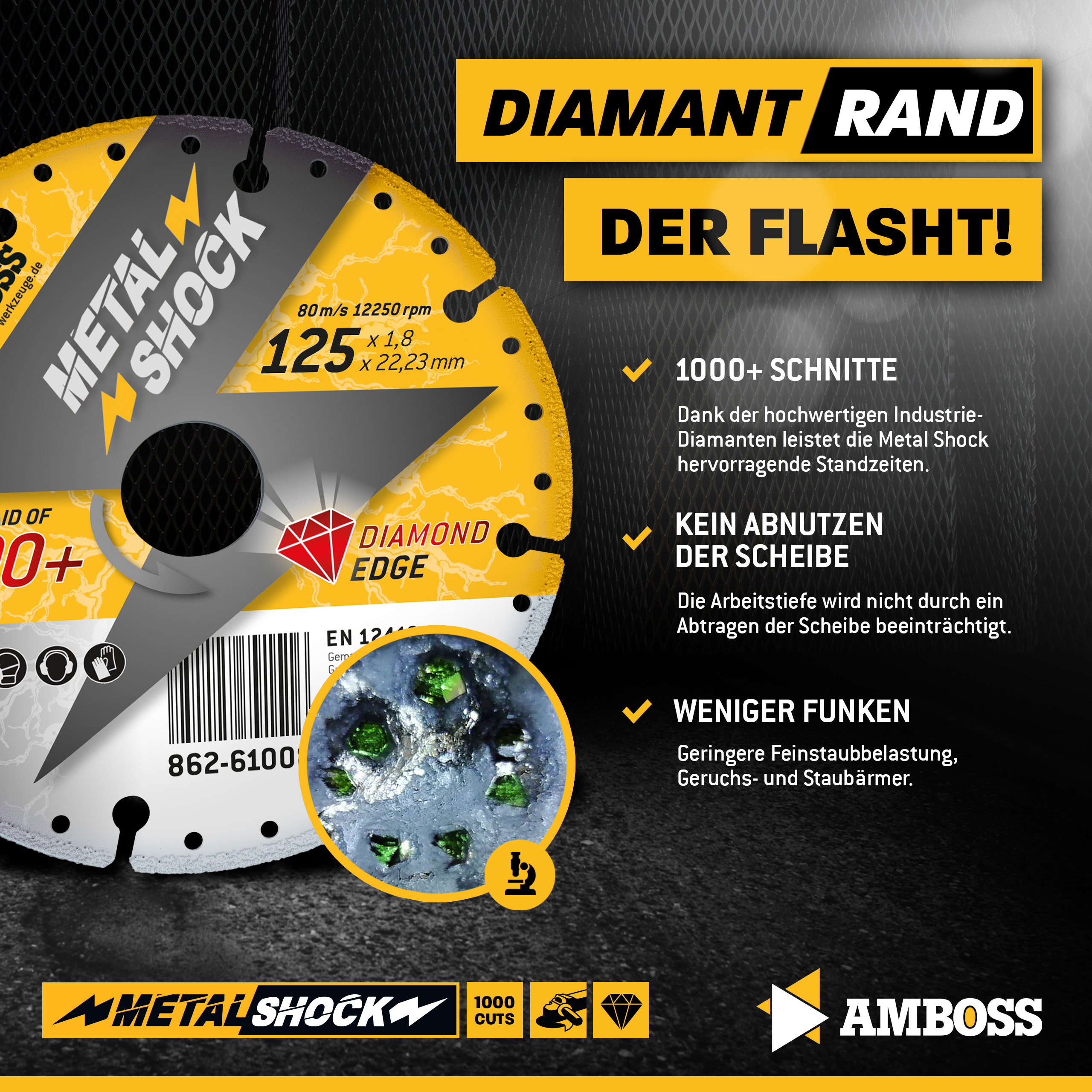 AMBOSS METAL SHOCK - Diamant Trennscheibe 125 x 2,2 x 22,23 mm - geeignet für Metall/Stahl/Inox - passend für Winkelschleifer AMBOSS METAL SHOCK - Diamant Trennscheibe 125 x 2,2 x 22,23 mm - geeignet für Metall/Stahl/Inox - passend für Winkelschleifer