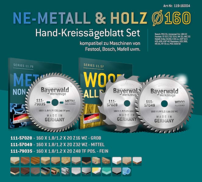 Bayerwald Kreissägeblatt Set Ø160 (3 tlg.) - für NE-Metall & Holz - geeignet für Handkreissägen von Bosch, Festool, Mafell uvm. Bayerwald Kreissägeblatt Set Ø160 (3 tlg.) - für NE-Metall & Holz - geeignet für Handkreissägen von Bosch, Festool, Mafell uvm.