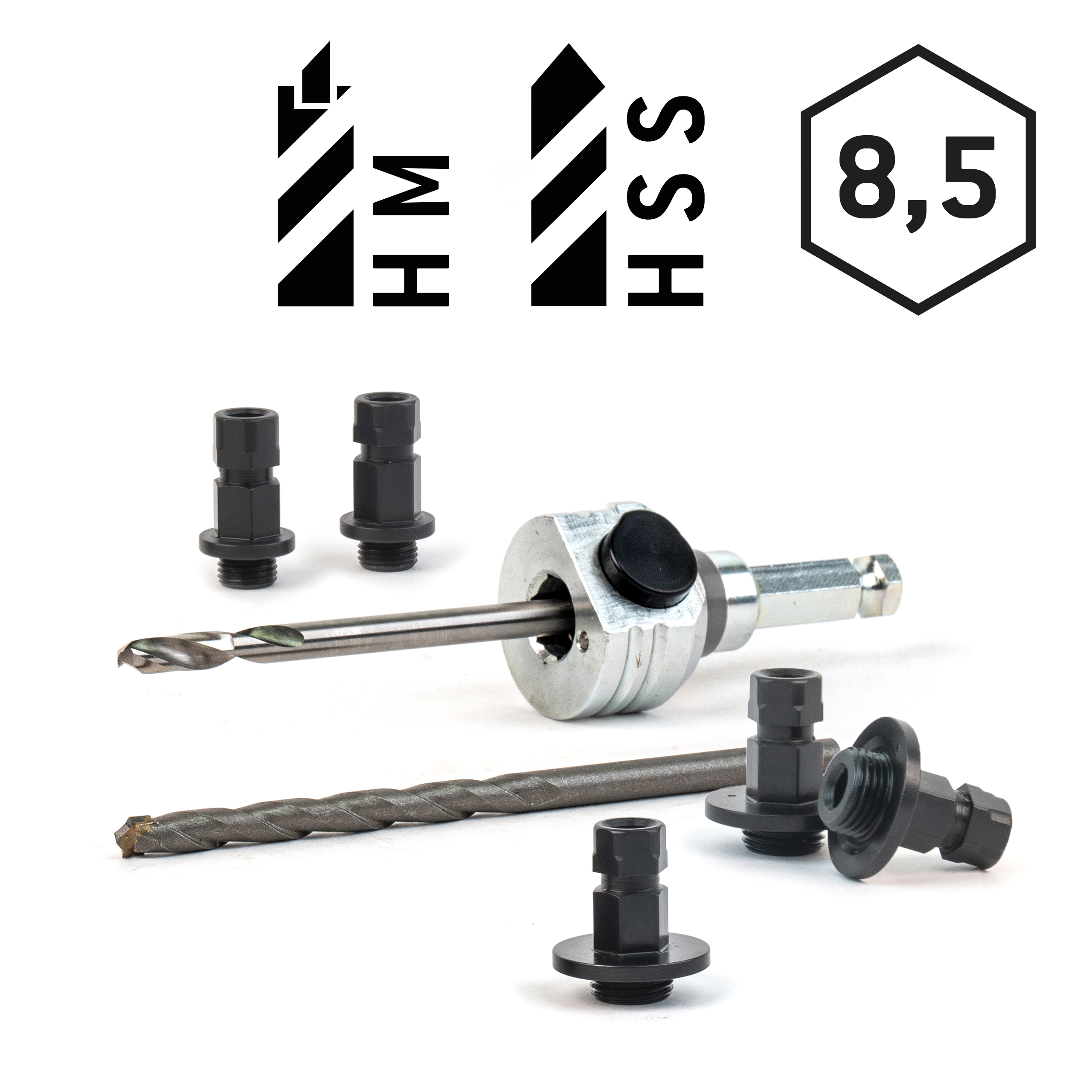 Schnellwechselaufnahme (komplett) 6kant 8,5mm-inkl. HSS und HM Zentrierbohrer und Adapter (2x klein / 3x groß) Schnellwechselaufnahme (komplett) 6kant 8,5mm-inkl. HSS und HM Zentrierbohrer und Adapter (2x klein / 3x groß)
