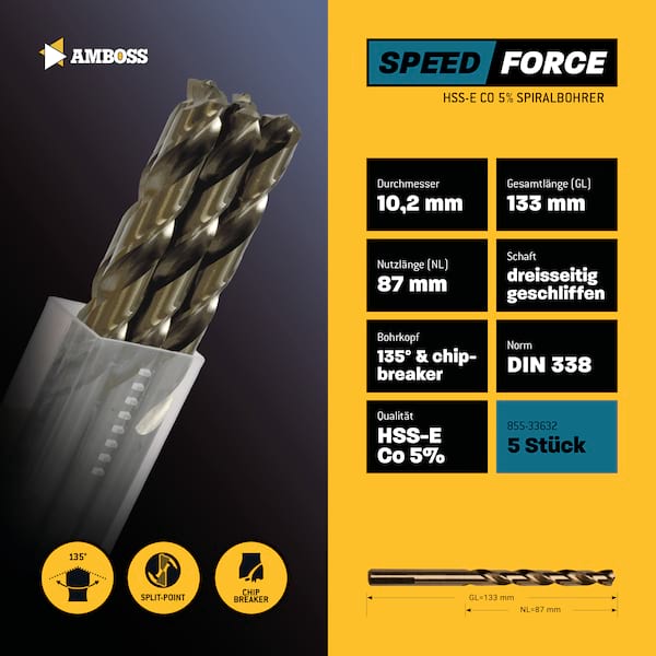 5 x HSS ECo SPEED Force Metallbohrer DIN 338 - Ø:10.2 mm 5 x HSS ECo SPEED Force Metallbohrer DIN 338 - Ø:10.2 mm