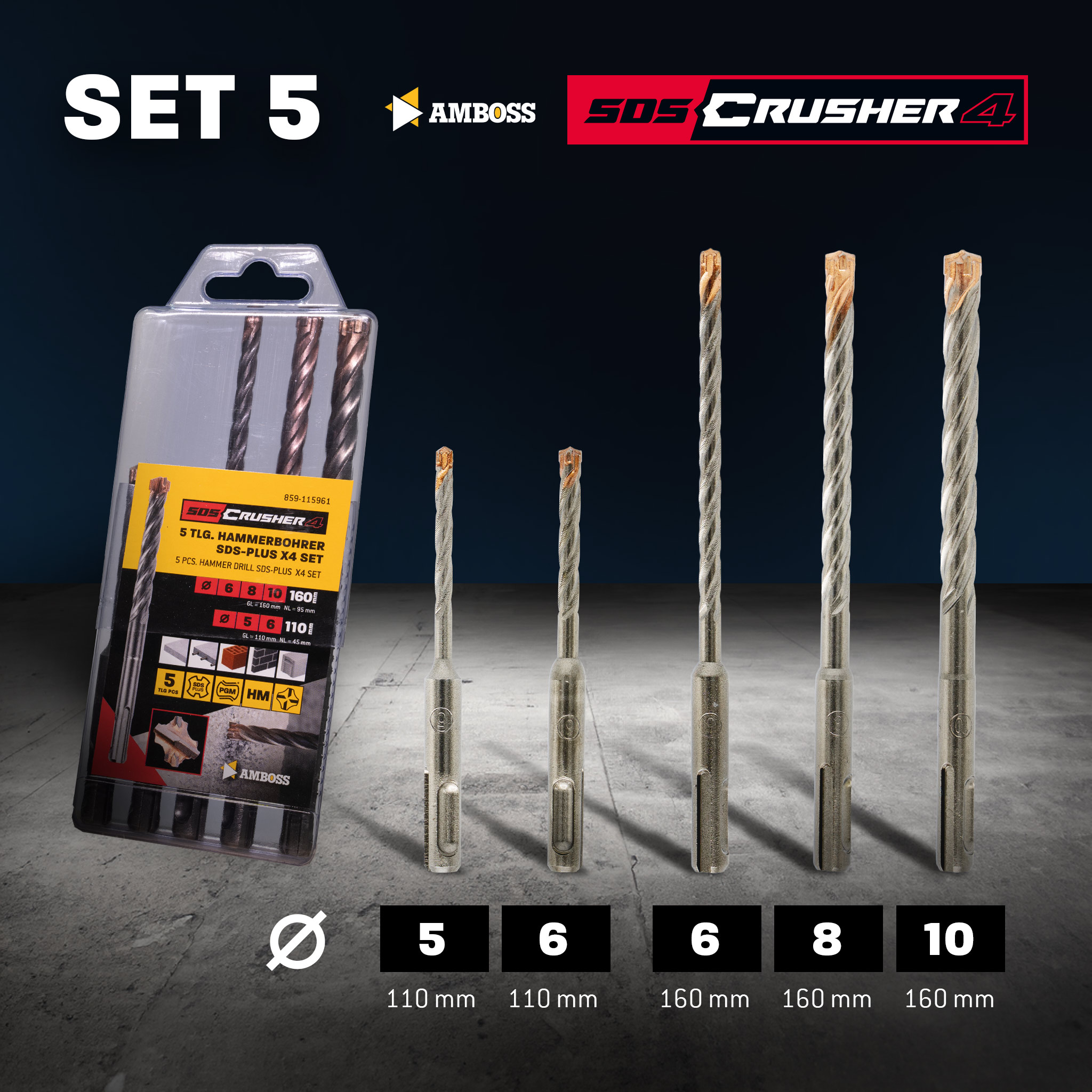 SDS Plus Hammerbohrer Set 5tlg. 4X Schneiden PGM Ø 5-10mm x 110/160mm - AMBOSS Werkzeuge SDS Crusher 4 - HM Betonbohrer Hartmetall Profi Bohrer  - Stahlbeton Steinbohrer Beton Mauerwerk Ziegel Kalksandstein