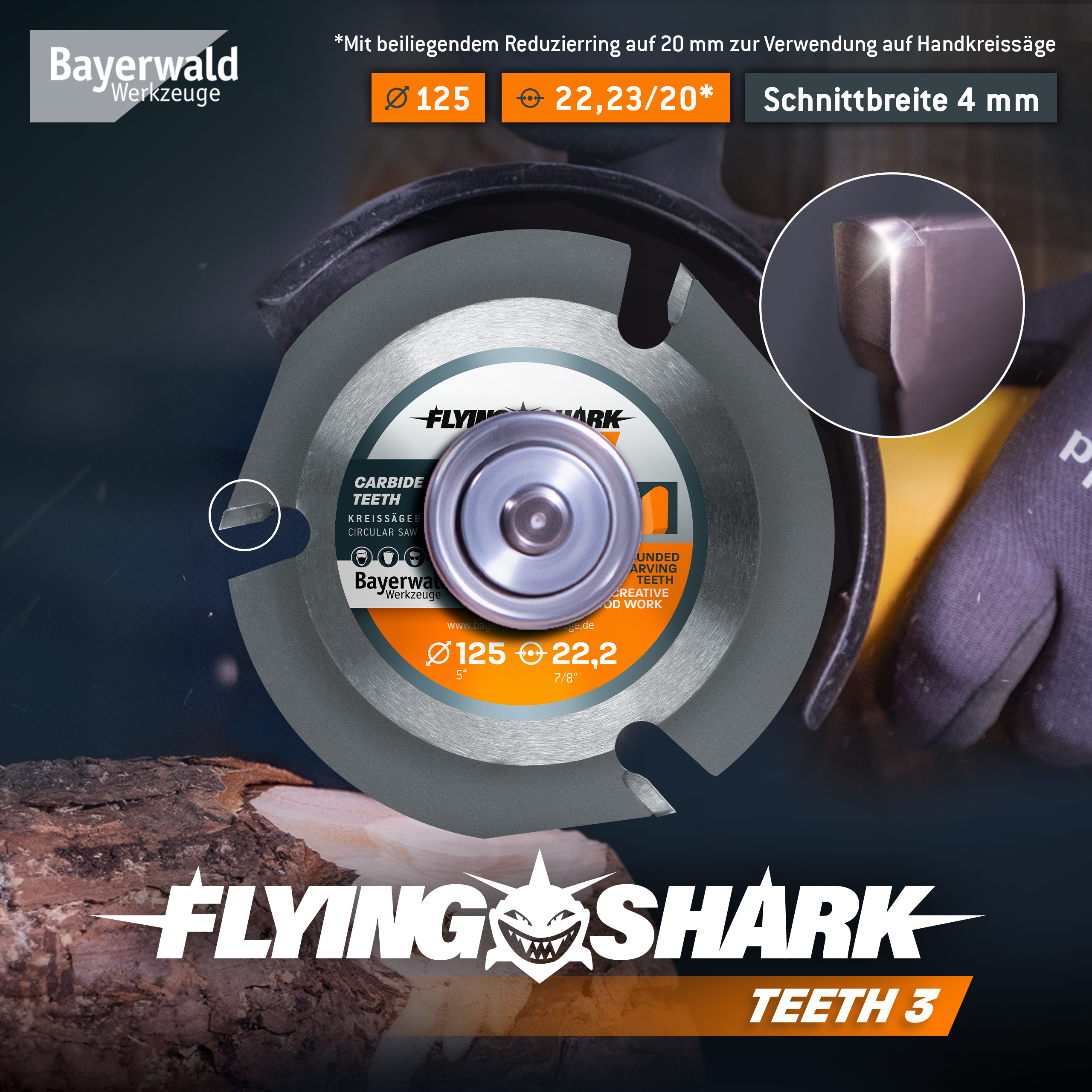 Bayerwald Flying Shark Ø 125mm (3 Zähne) Holz Sägeblatt - Schnitzen, Entrinden - für schnellste Schnitte