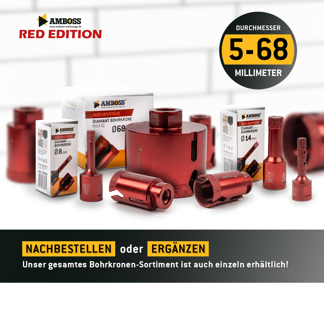 Amboss Red Edition 8 - Diamant Bohrkronen Set Ø 20-68 mm Amboss Red Edition 8 - Diamant Bohrkronen Set Ø 20-68 mm