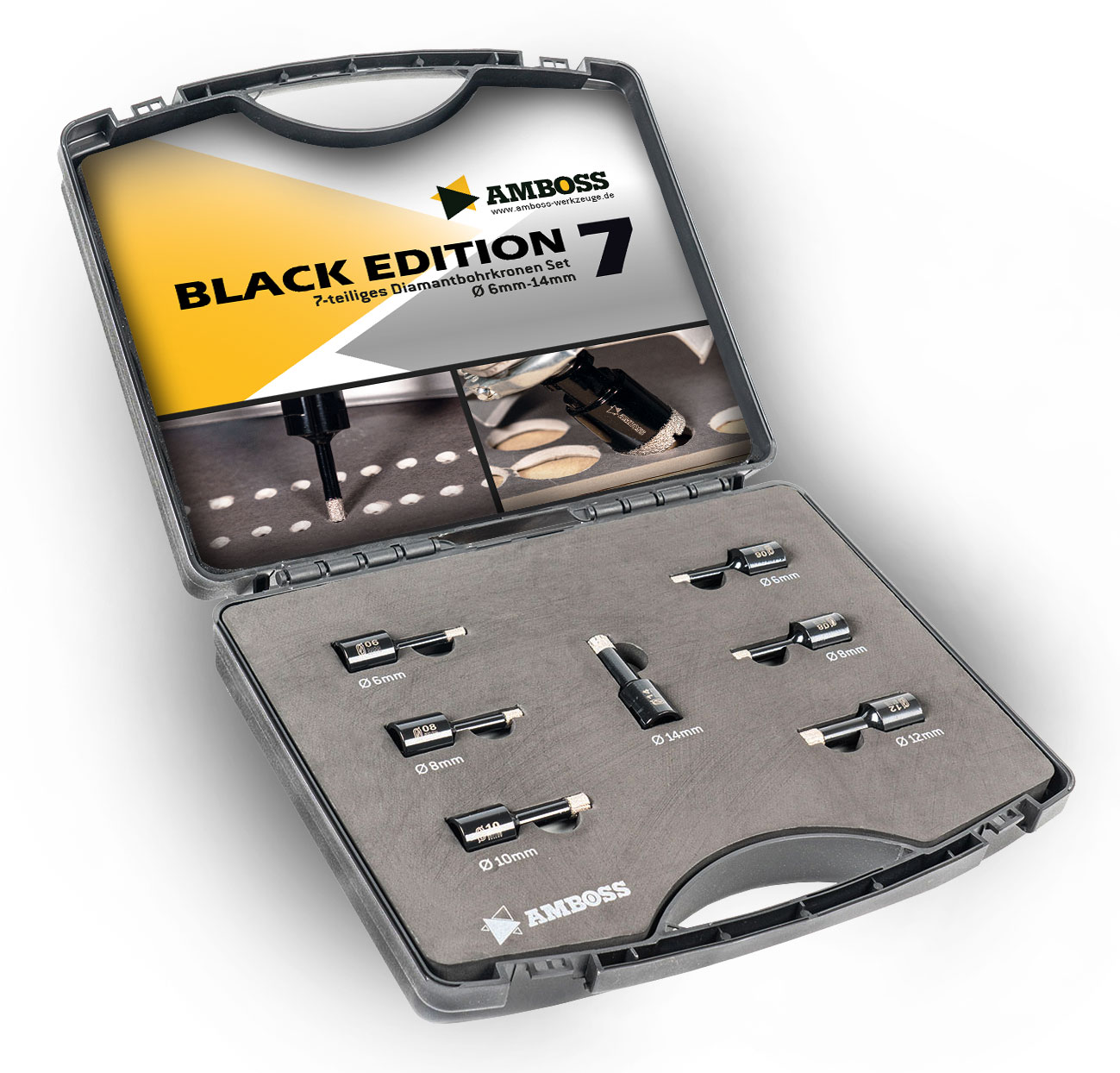 Amboss - Diamant Fliesenbohrer-/Bohrkronen - Set 7 tlg. (Ø 8-14 mm) Premium Black Edition | M14 für Winkelschleifer | Fliesen, Granit, Feinsteinzeug Amboss - Diamant Fliesenbohrer-/Bohrkronen - Set 7 tlg. (Ø 8-14 mm) Premium Black Edition | M14 für Winkelschleifer | Fliesen, Granit, Feinsteinzeug