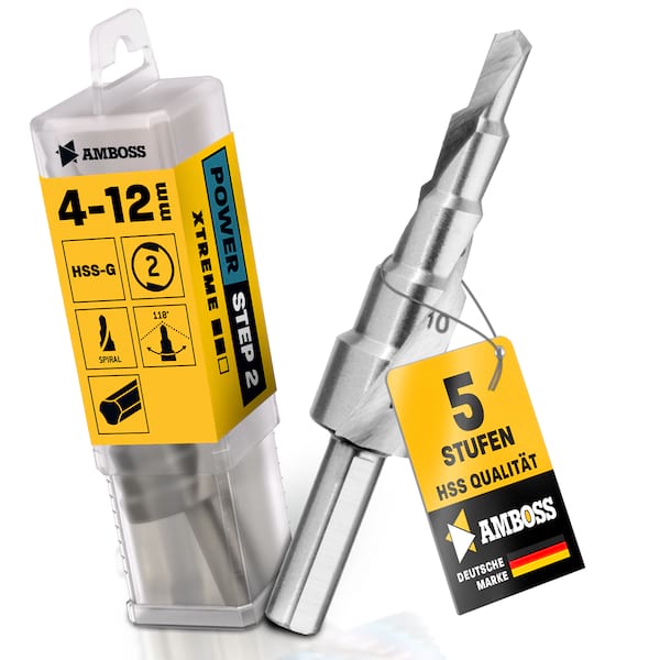 Stufenbohrer Ø 4-20 mm / 5 Stufen Konusbohrer / 10 mm Schaft / Profi Metallbohrer Kegelbohrer HSS / Amboss PowerStep 2 / Lochbohrer geeignet für Metall, Holz, Kunststoff Stufenbohrer Ø 4-20 mm / 5 Stufen Konusbohrer / 10 mm Schaft / Profi Metallbohrer Kegelbohrer HSS / Amboss PowerStep 2 / Lochbohrer geeignet für Metall, Holz, Kunststoff