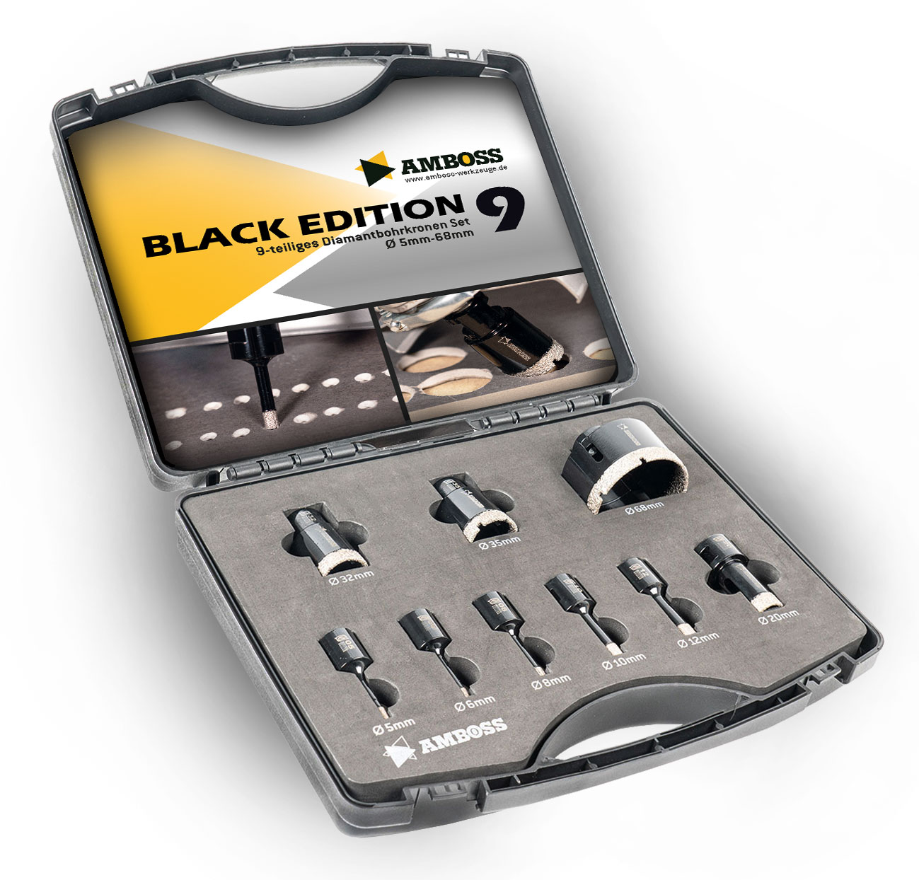Amboss Diamant Bohrkronen M14 - BLACK EDITION Set 5 / 6 / 8 / 10 / 12 / 20 / 32 / 35 / 68 mm für Winkelschleifer | Feinsteinzeug, harte Fliesen, Granit Amboss Diamant Bohrkronen M14 - BLACK EDITION Set 5 / 6 / 8 / 10 / 12 / 20 / 32 / 35 / 68 mm für Winkelschleifer | Feinsteinzeug, harte Fliesen, Granit