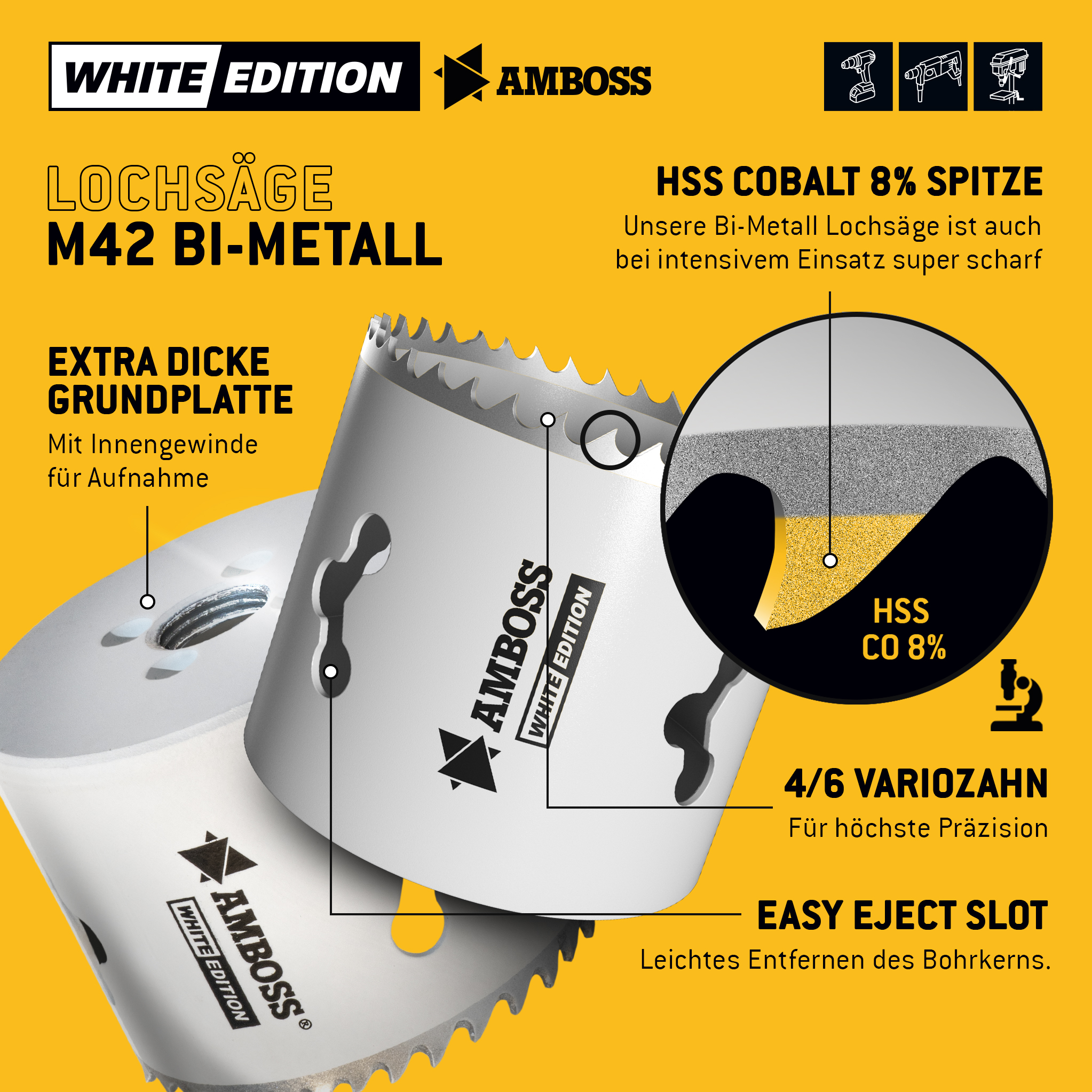 Amboss BiMetall Lochsägen Set White Edition 17 - M42 Power Set 17tlg. Ø20 bis 83 mm Amboss BiMetall Lochsägen Set White Edition 17 - M42 Power Set 17tlg. Ø20 bis 83 mm