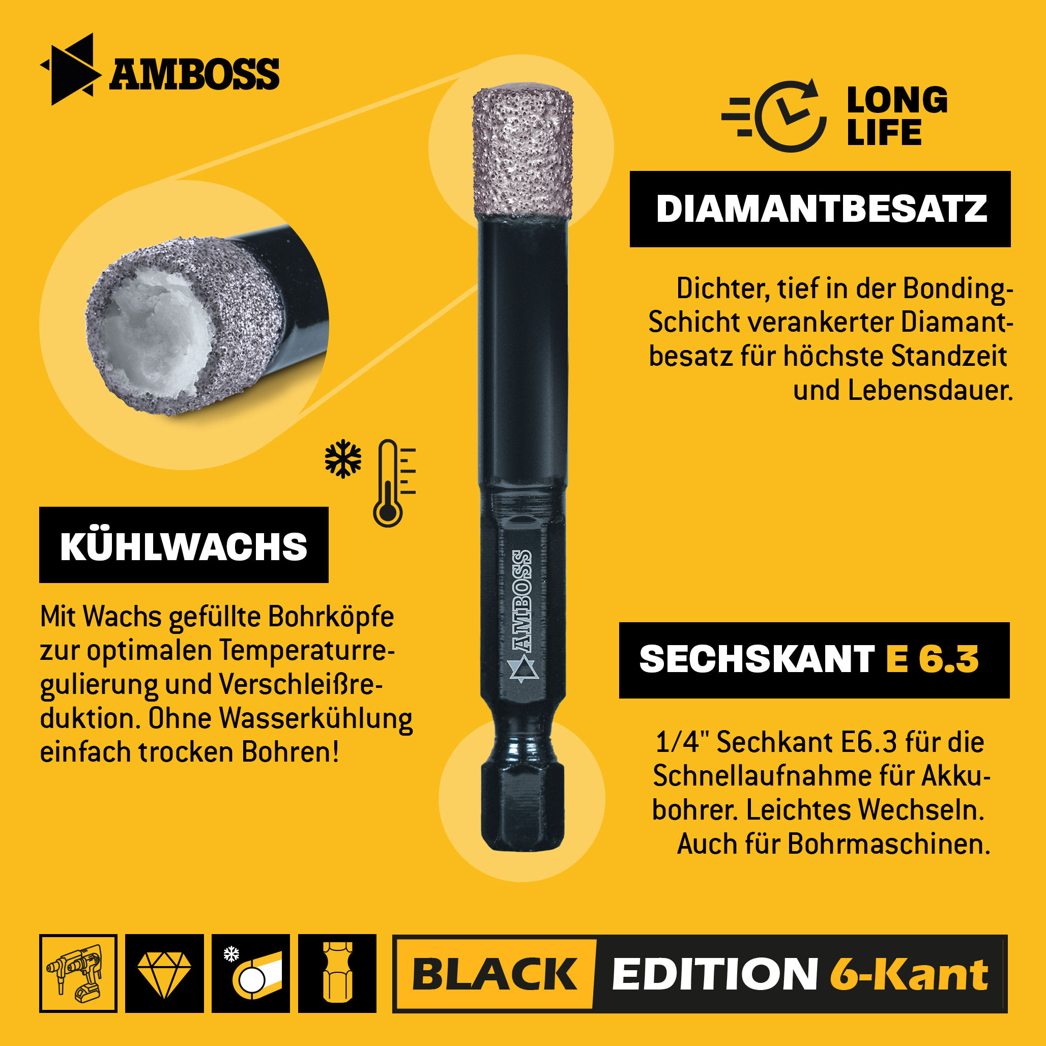 Fliesenbohrer Set Ø 5, 6, 8, 10, 12 mm (5 tlg.) /Sechskant Aufnahme - Amboss Black Edition Diamantbohrer - Fliesen, Feinsteinzeug, Keramik, Granitplatten - für Bohrmaschine/Akkubohrer Fliesenbohrer Set Ø 5, 6, 8, 10, 12 mm (5 tlg.) /Sechskant Aufnahme - Amboss Black Edition Diamantbohrer - Fliesen, Feinsteinzeug, Keramik, Granitplatten - für Bohrmaschine/Akkubohrer