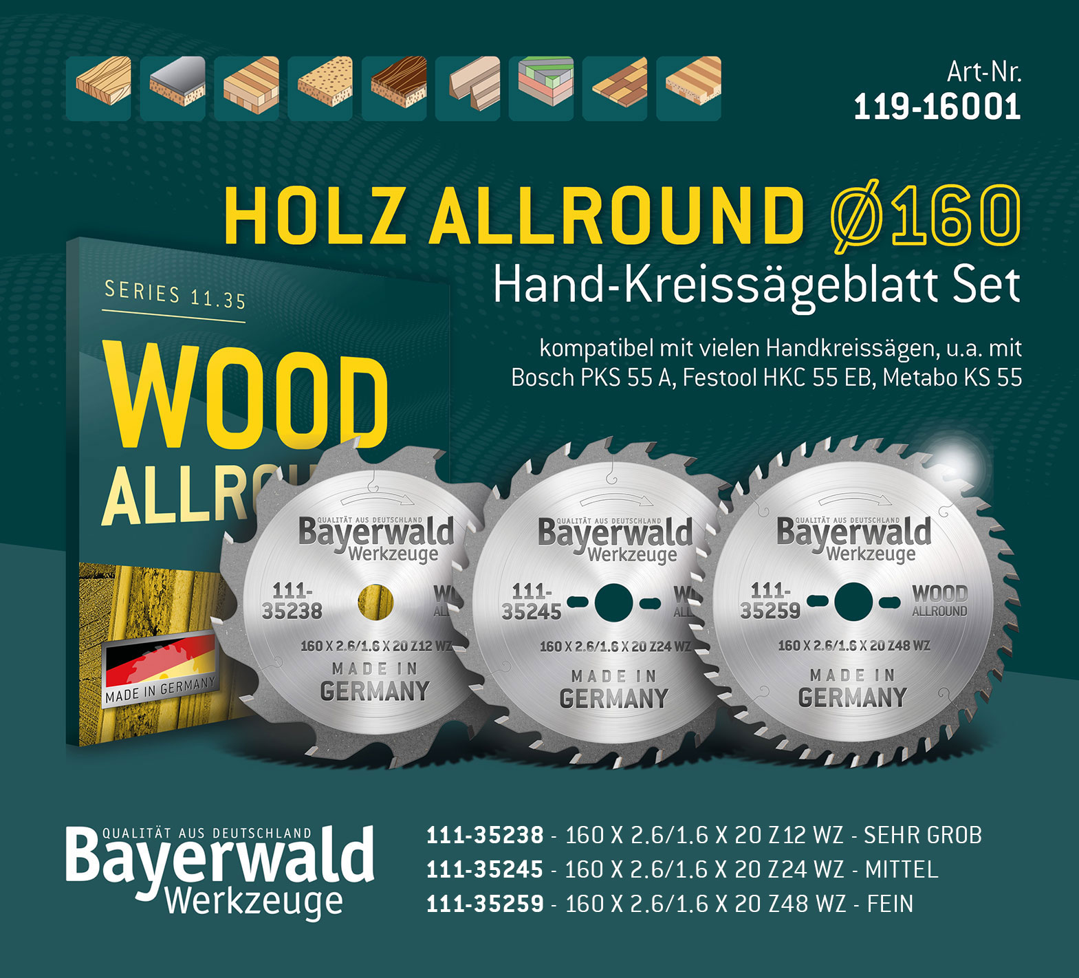HOLZ ALLROUND Ø160 Hand-Kreissägeblatt Set HOLZ ALLROUND Ø160 Hand-Kreissägeblatt Set