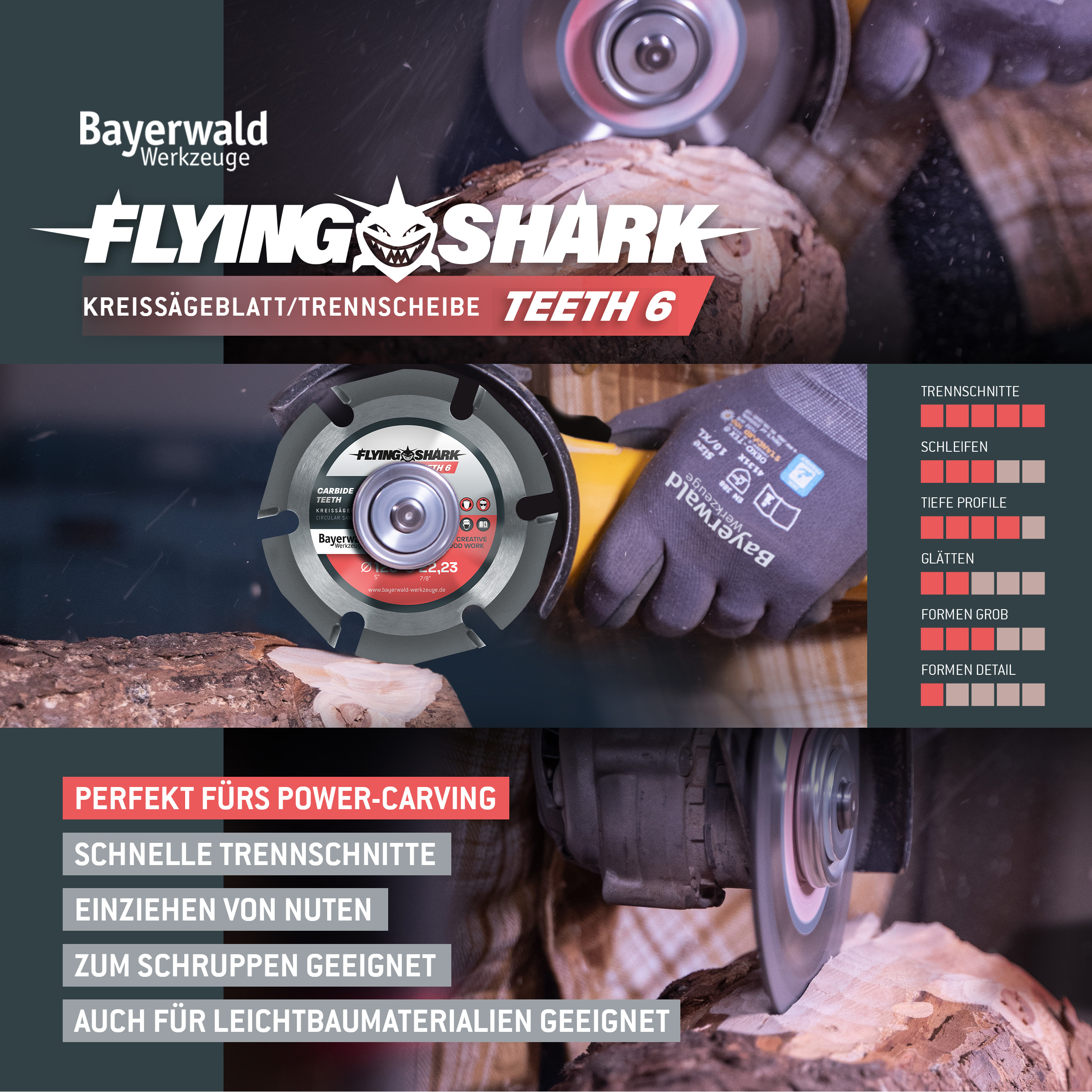 Bayerwald Flying Shark Ø 115mm (6 Zähne) Holz Sägeblatt - Schnitzen, Entrinden - ideal fürs Power Carving Bayerwald Flying Shark Ø 115mm (6 Zähne) Holz Sägeblatt - Schnitzen, Entrinden - ideal fürs Power Carving