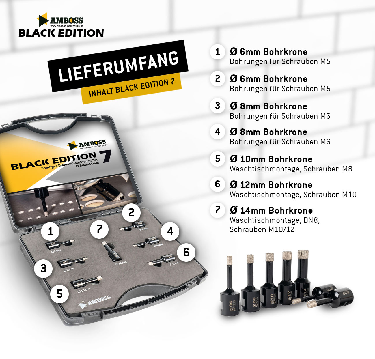 Amboss - Diamant Fliesenbohrer-/Bohrkronen - Set 7 tlg. (Ø 8-14 mm) Premium Black Edition | M14 für Winkelschleifer | Fliesen, Granit, Feinsteinzeug Amboss - Diamant Fliesenbohrer-/Bohrkronen - Set 7 tlg. (Ø 8-14 mm) Premium Black Edition | M14 für Winkelschleifer | Fliesen, Granit, Feinsteinzeug