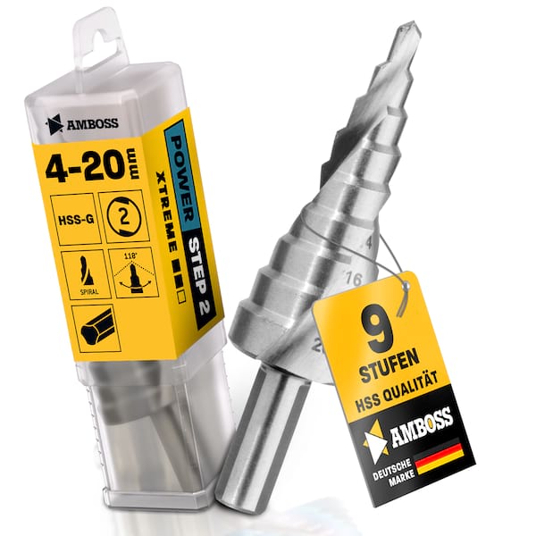 Stufenbohrer Ø 4-20 mm / 9 Stufen Konusbohrer / 10 mm Schaft / Profi Metallbohrer Kegelbohrer HSS / Amboss PowerStep 2 / Lochbohrer geeignet für Metall, Holz, Kunststoff Stufenbohrer Ø 4-20 mm / 9 Stufen Konusbohrer / 10 mm Schaft / Profi Metallbohrer Kegelbohrer HSS / Amboss PowerStep 2 / Lochbohrer geeignet für Metall, Holz, Kunststoff