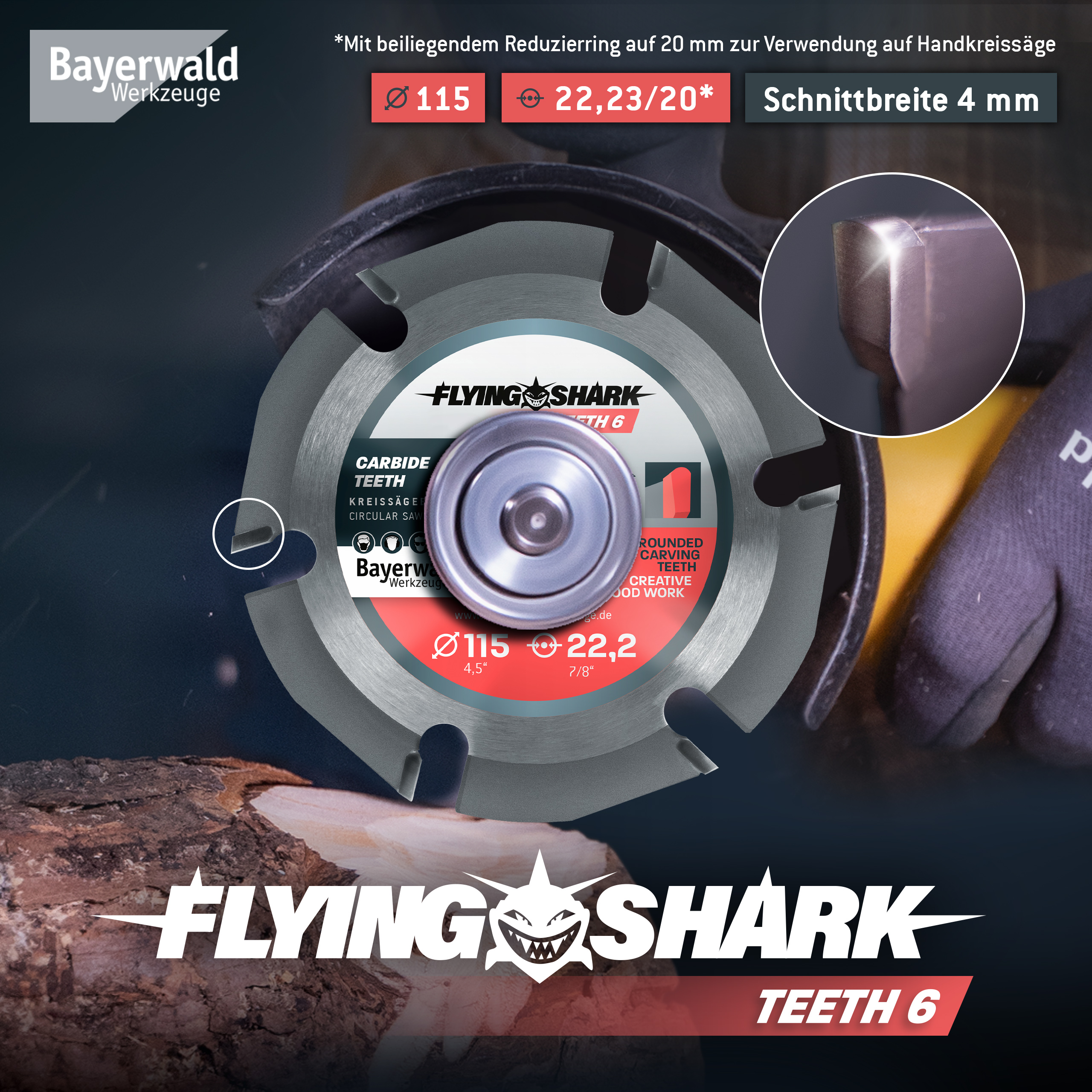 Bayerwald Flying Shark Ø 115mm (6 Zähne) Holz Sägeblatt - Schnitzen, Entrinden - ideal fürs Power Carving