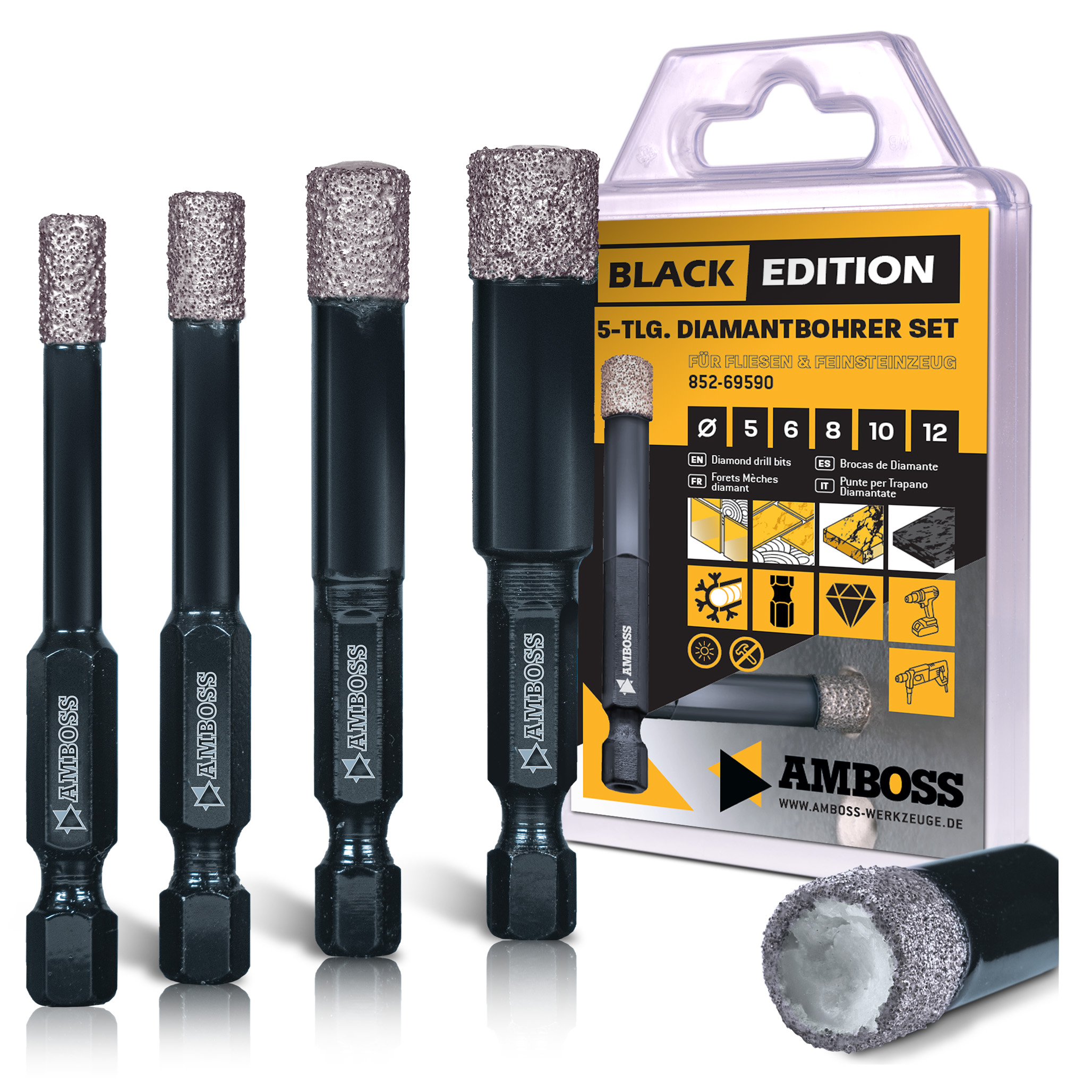 Fliesenbohrer Set Ø 5, 6, 8, 10, 12 mm (5 tlg.) /Sechskant Aufnahme - Amboss Black Edition Diamantbohrer - Fliesen, Feinsteinzeug, Keramik, Granitplatten - für Bohrmaschine/Akkubohrer Fliesenbohrer Set Ø 5, 6, 8, 10, 12 mm (5 tlg.) /Sechskant Aufnahme - Amboss Black Edition Diamantbohrer - Fliesen, Feinsteinzeug, Keramik, Granitplatten - für Bohrmaschine/Akkubohrer