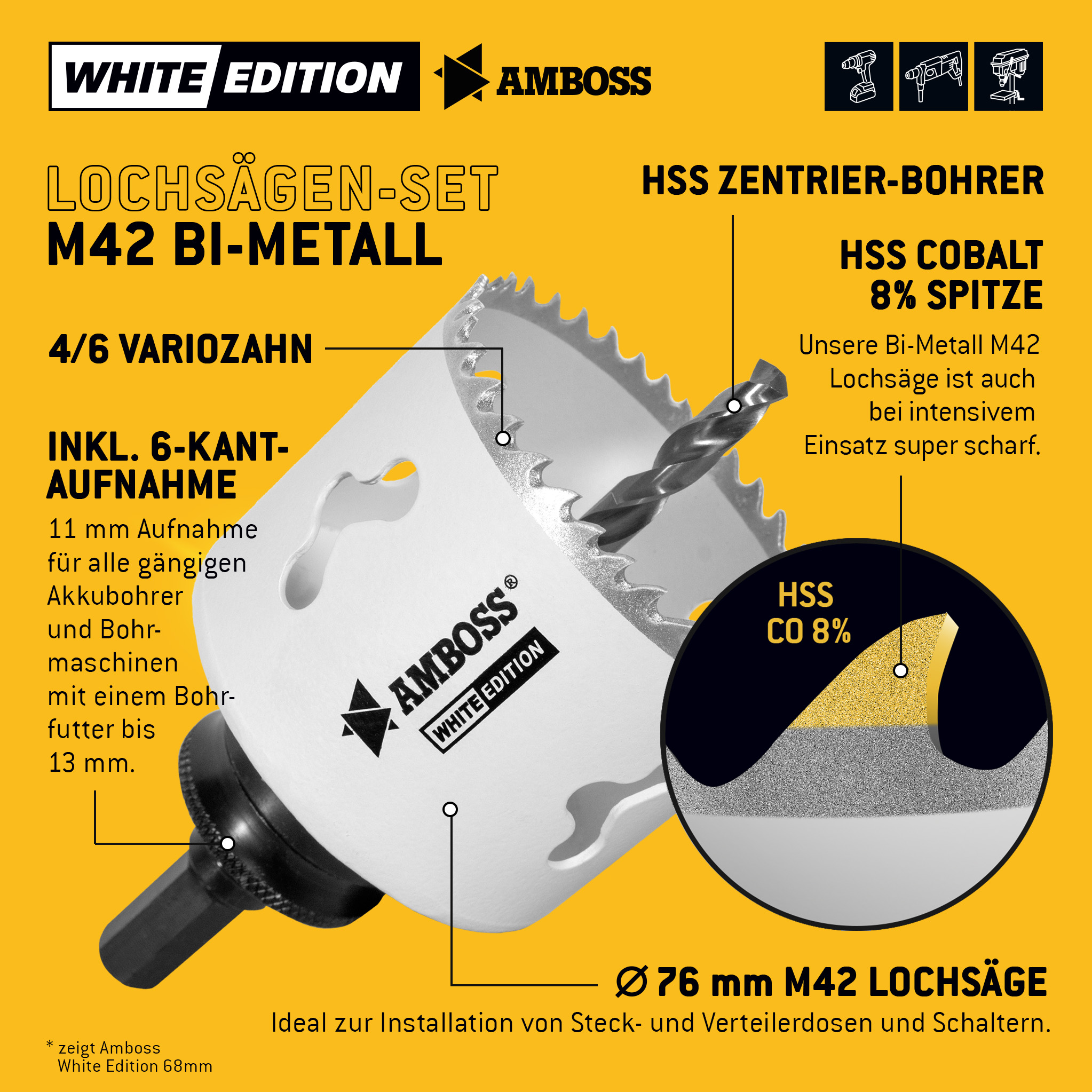 Lochsäge 76 mm - Amboss Bi-Metall (inkl. 6-kant Standard-Aufnahme) ideal für Hohlwanddose, LED-Spot, Steckdose in Gipskarton/Holz Lochsäge 76 mm - Amboss Bi-Metall (inkl. 6-kant Standard-Aufnahme) ideal für Hohlwanddose, LED-Spot, Steckdose in Gipskarton/Holz