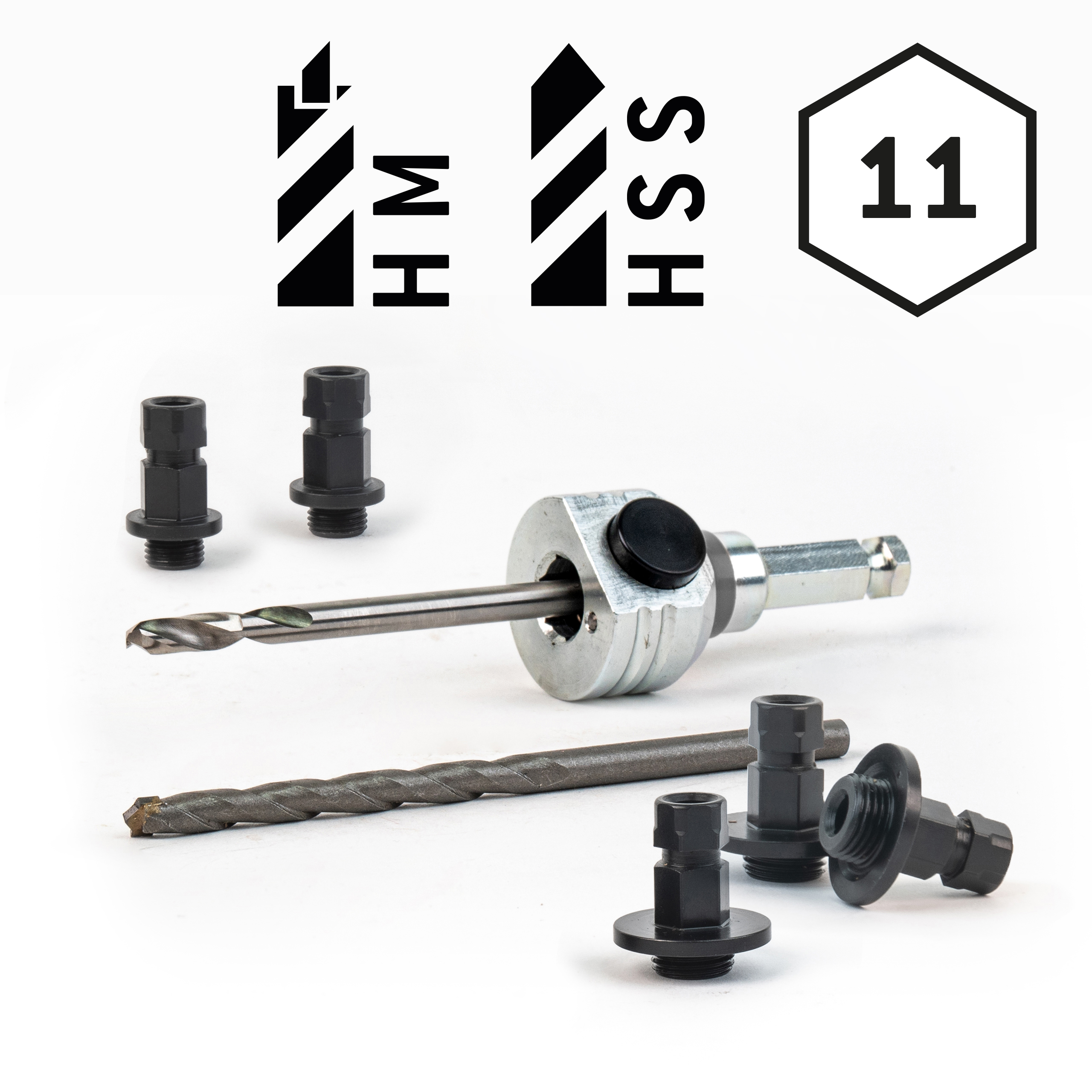 Schnellwechselaufnahme (komplett) 6kant 11mm-inkl. HSS und HM Zentrierbohrer und Adapter (2x klein / 3x groß) Schnellwechselaufnahme (komplett) 6kant 11mm-inkl. HSS und HM Zentrierbohrer und Adapter (2x klein / 3x groß)