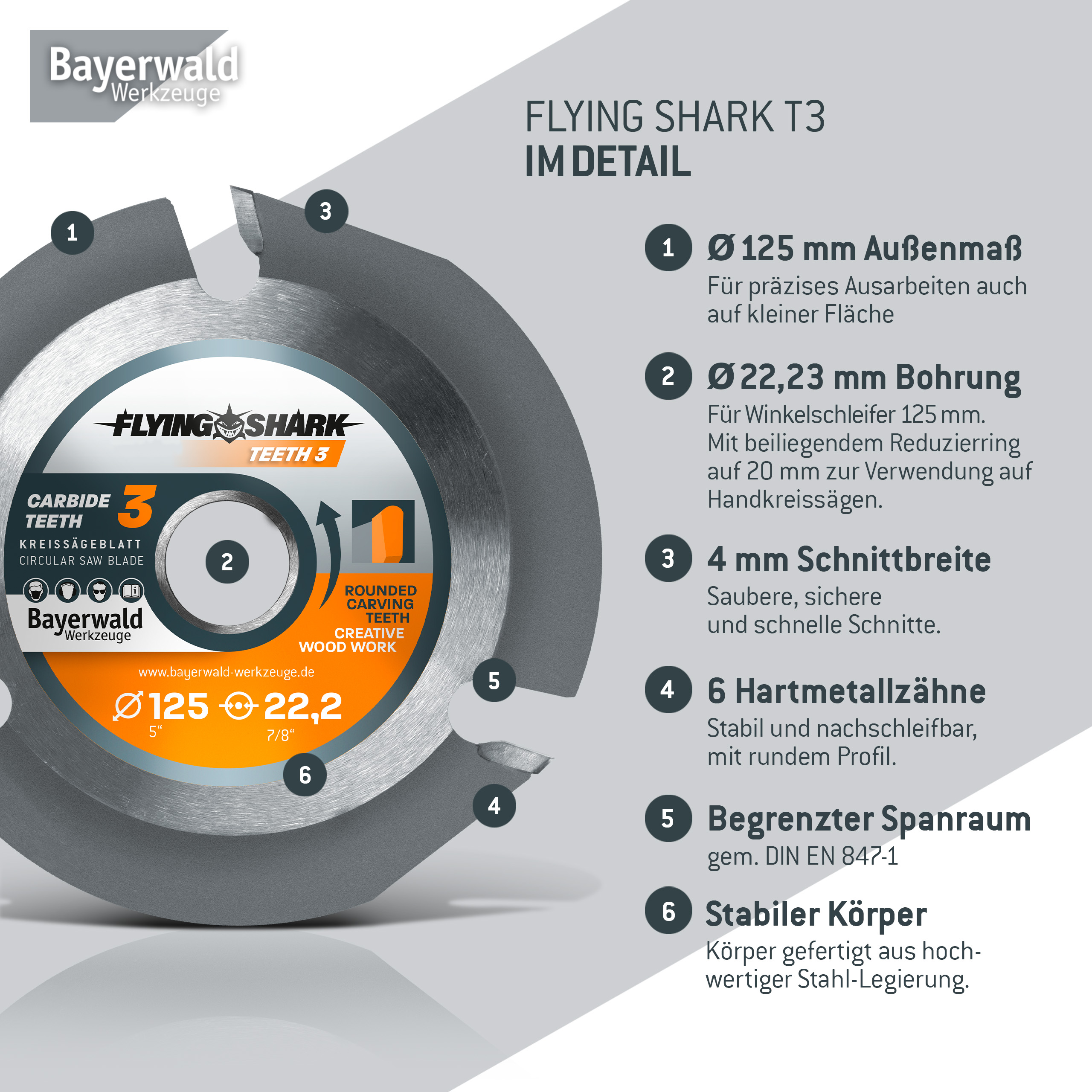 Bayerwald Flying Shark Ø 125mm (3 Zähne) Holz Sägeblatt - Schnitzen, Entrinden - für schnellste Schnitte Bayerwald Flying Shark Ø 125mm (3 Zähne) Holz Sägeblatt - Schnitzen, Entrinden - für schnellste Schnitte