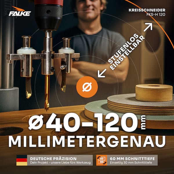 Falke Kreisschneider FKS-H 120 - Universal für Holz, Kunststoff, Gipskarton | Durchmesser stufenlos einstellbar (40-120 mm) - Verstellbare Lochsäge Falke Kreisschneider FKS-H 120 - Universal für Holz, Kunststoff, Gipskarton | Durchmesser stufenlos einstellbar (40-120 mm) - Verstellbare Lochsäge