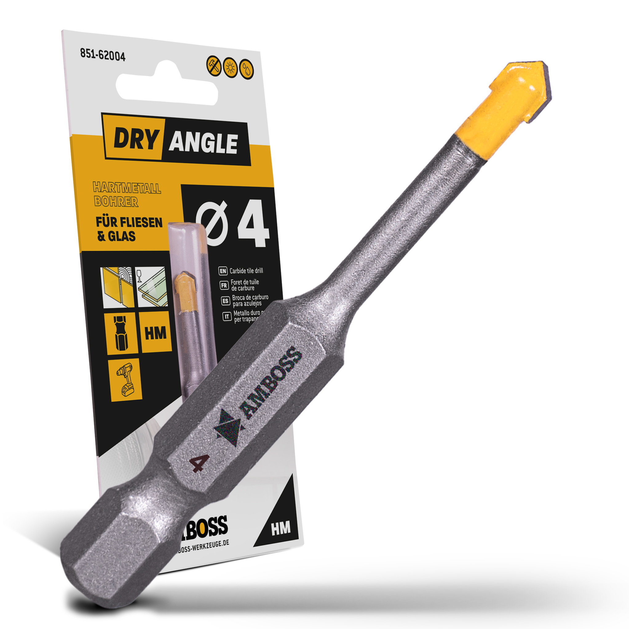 Amboss Dry Angle HM Fliesen- und Glasbohrer - Ø 4 mm - GL: 51 mm Amboss Dry Angle HM Fliesen- und Glasbohrer - Ø 4 mm - GL: 51 mm