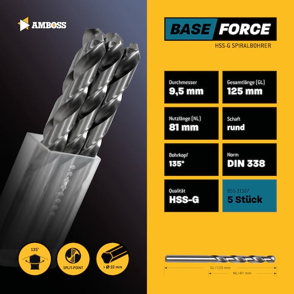 5 x HSS G BASE Force Metallbohrer DIN 338 - Ø:9.5 mm 5 x HSS G BASE Force Metallbohrer DIN 338 - Ø:9.5 mm